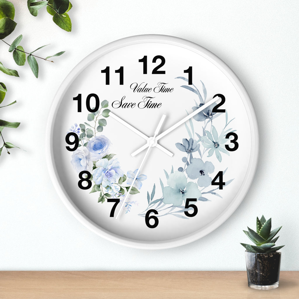 Floral Wall Clock | Value Time Save Time | Elegant Blue Rose Home Decor 2607048