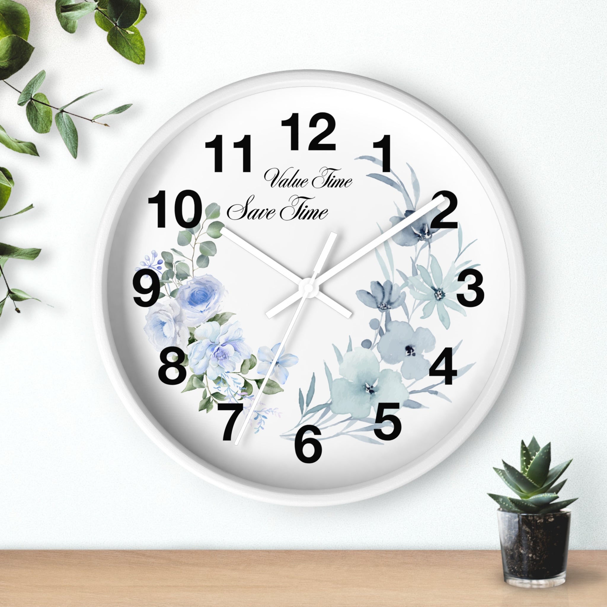 Floral Wall Clock | Value Time Save Time | Elegant Blue Rose Home Decor 2607048