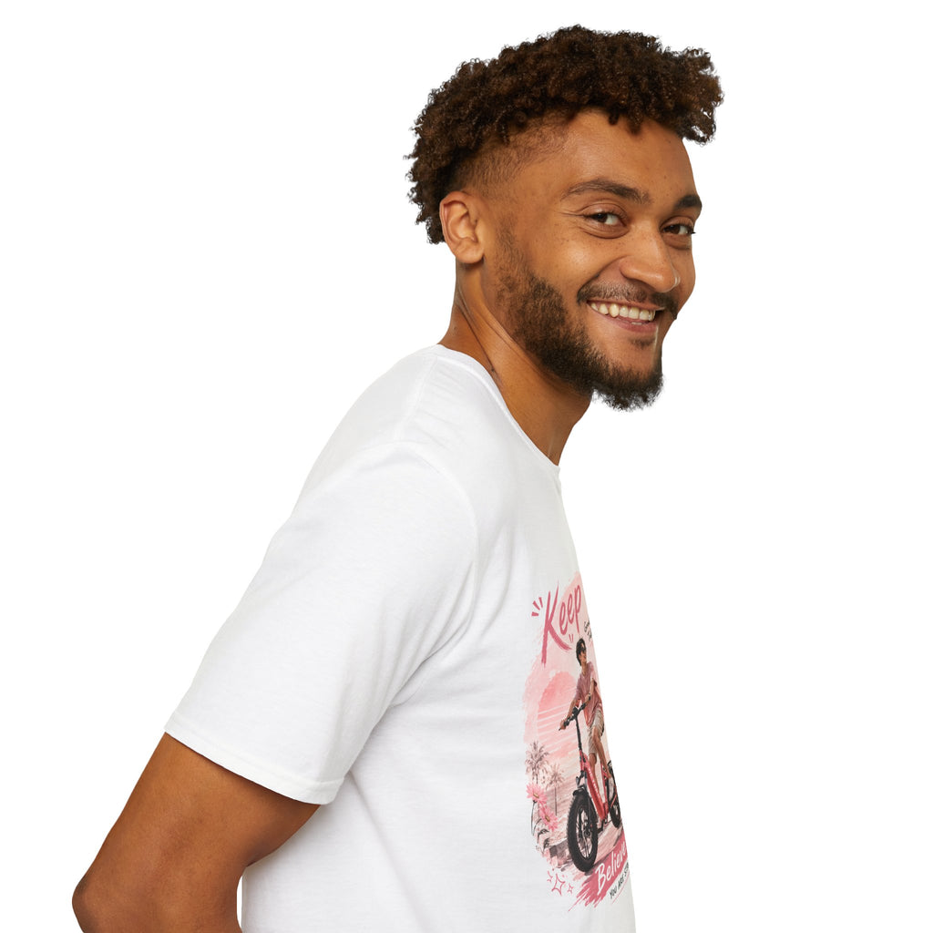 Keep Going motivational design T-Shirt | retro bike couple, pink palm scene