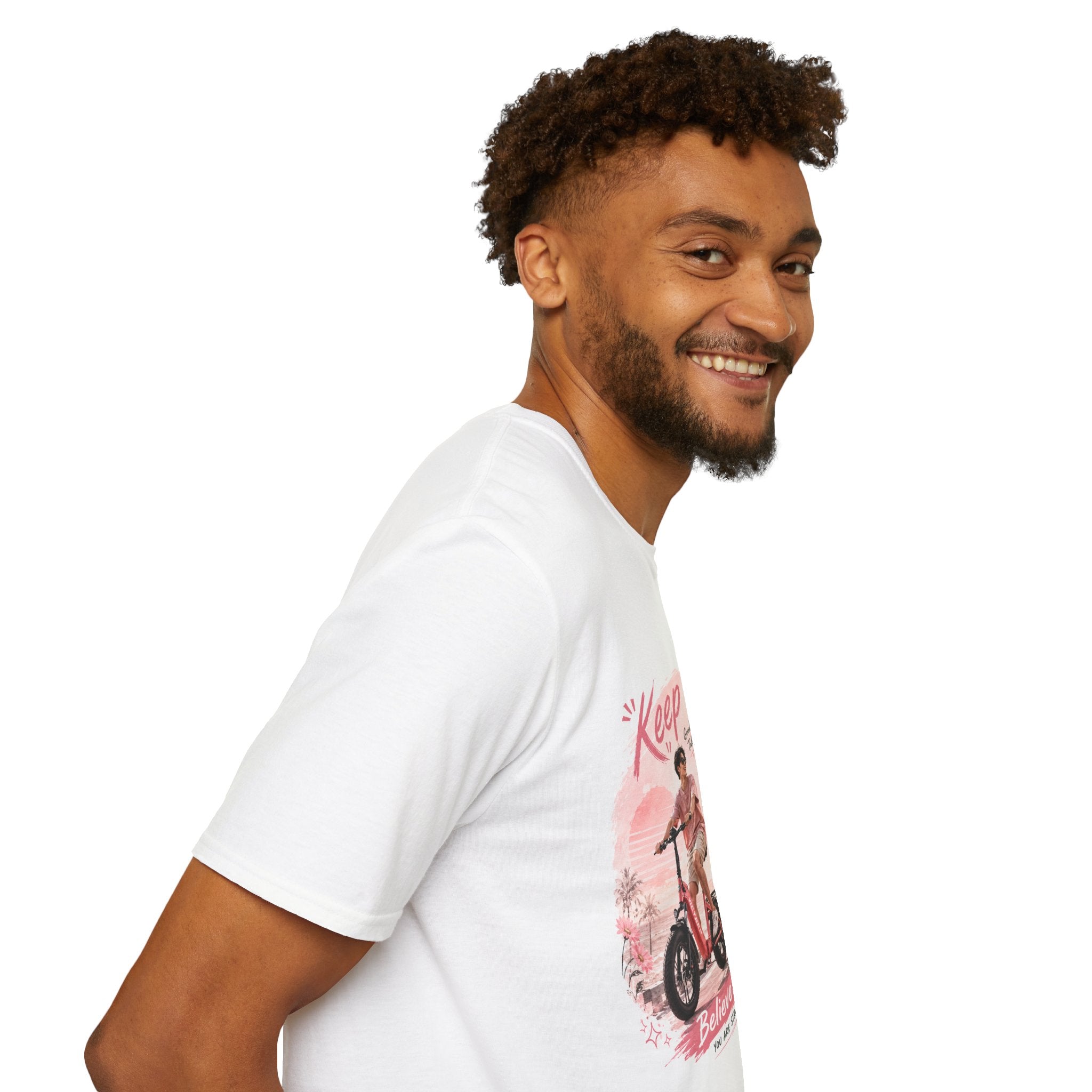 Keep Going motivational design T-Shirt | retro bike couple, pink palm scene