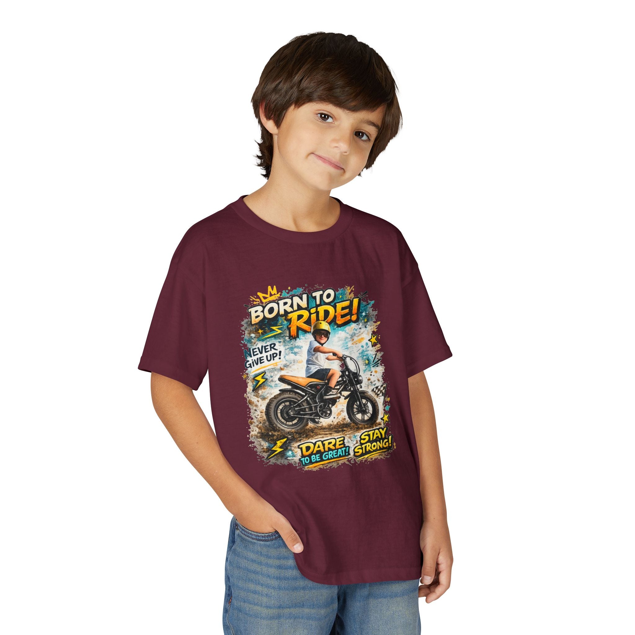 Youth Motorcycle T-Shirt — Born to Ride Graphic Tee for Boys & Girls (Dare to Be Great) 2607042