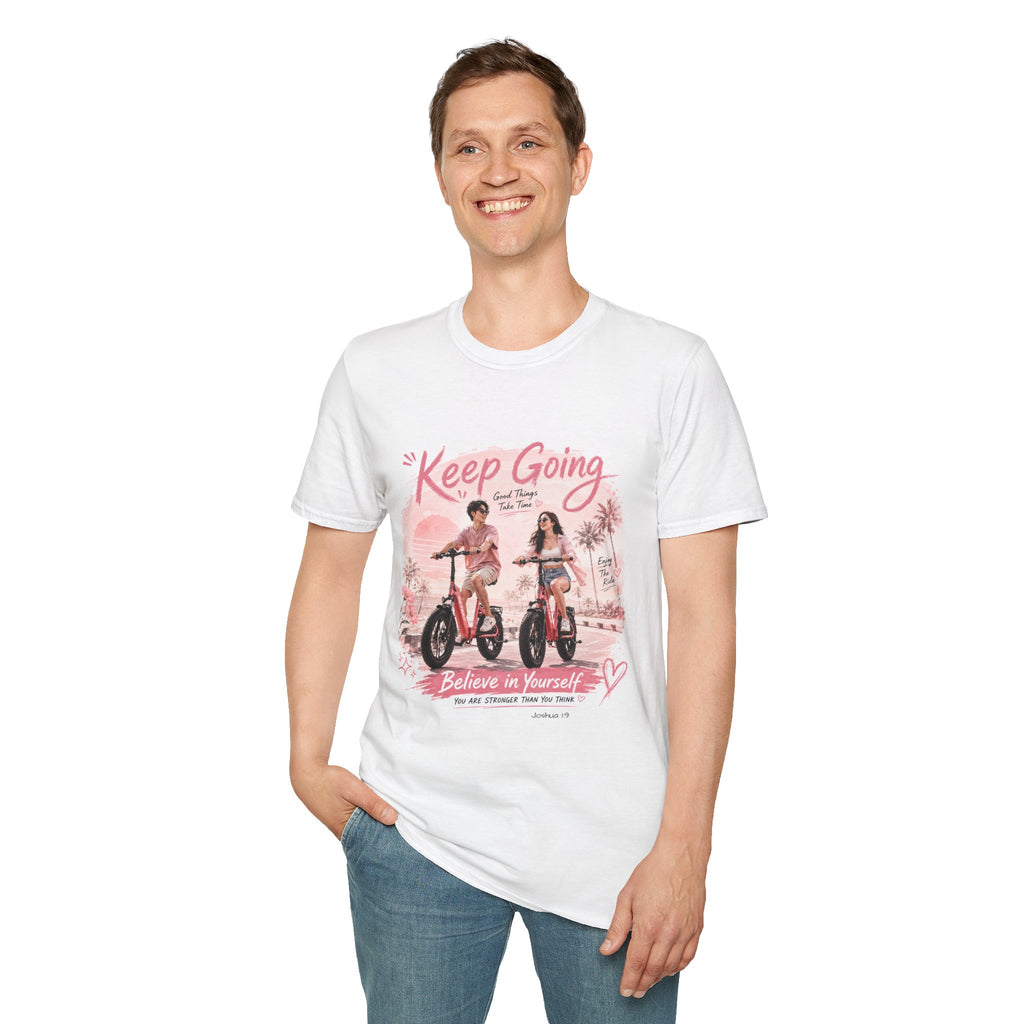 Keep Going motivational design T-Shirt | retro bike couple, pink palm scene