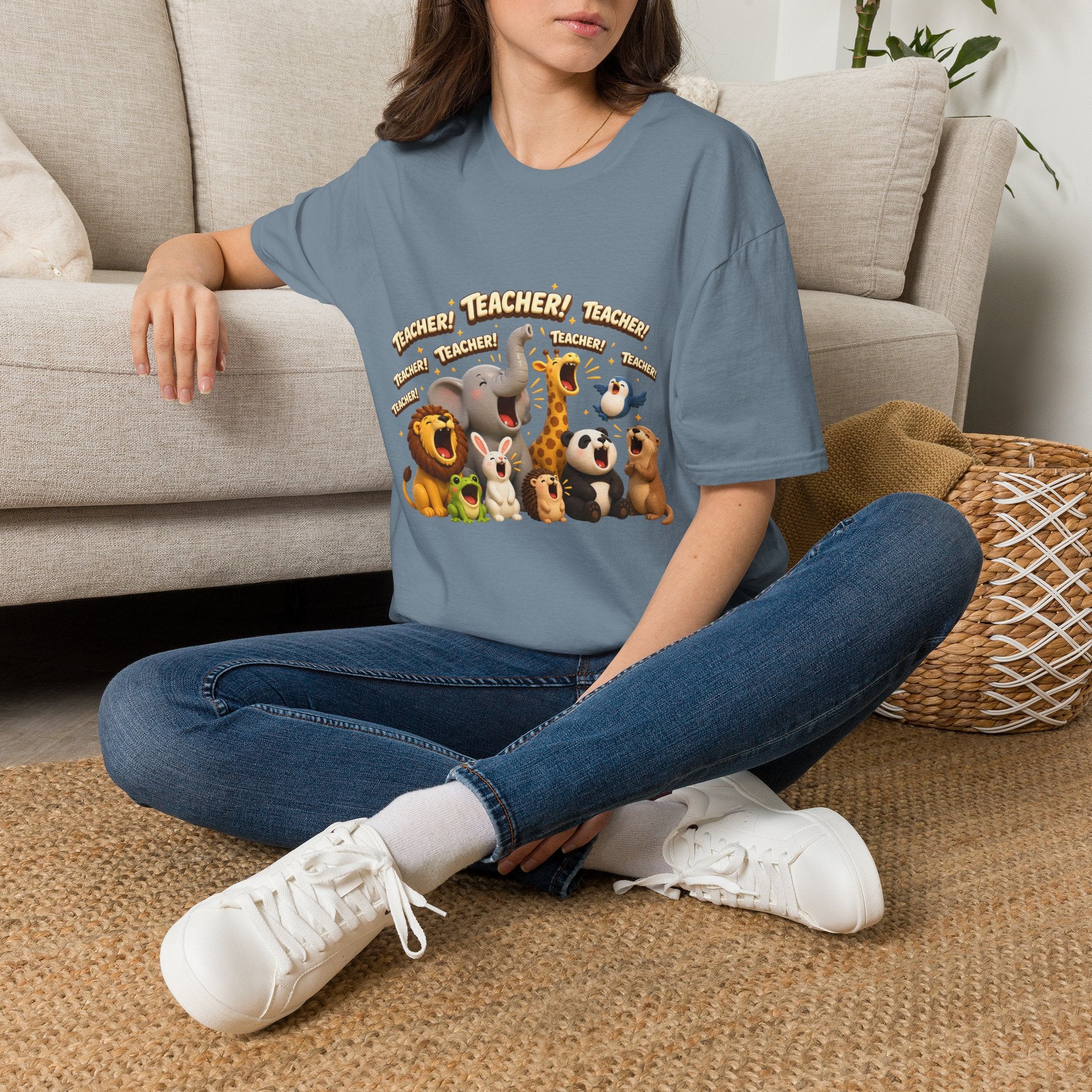 Cute Jungle Animals Saying TEACHER! T-Shirt | Elephant Giraffe Lion Penguin Design