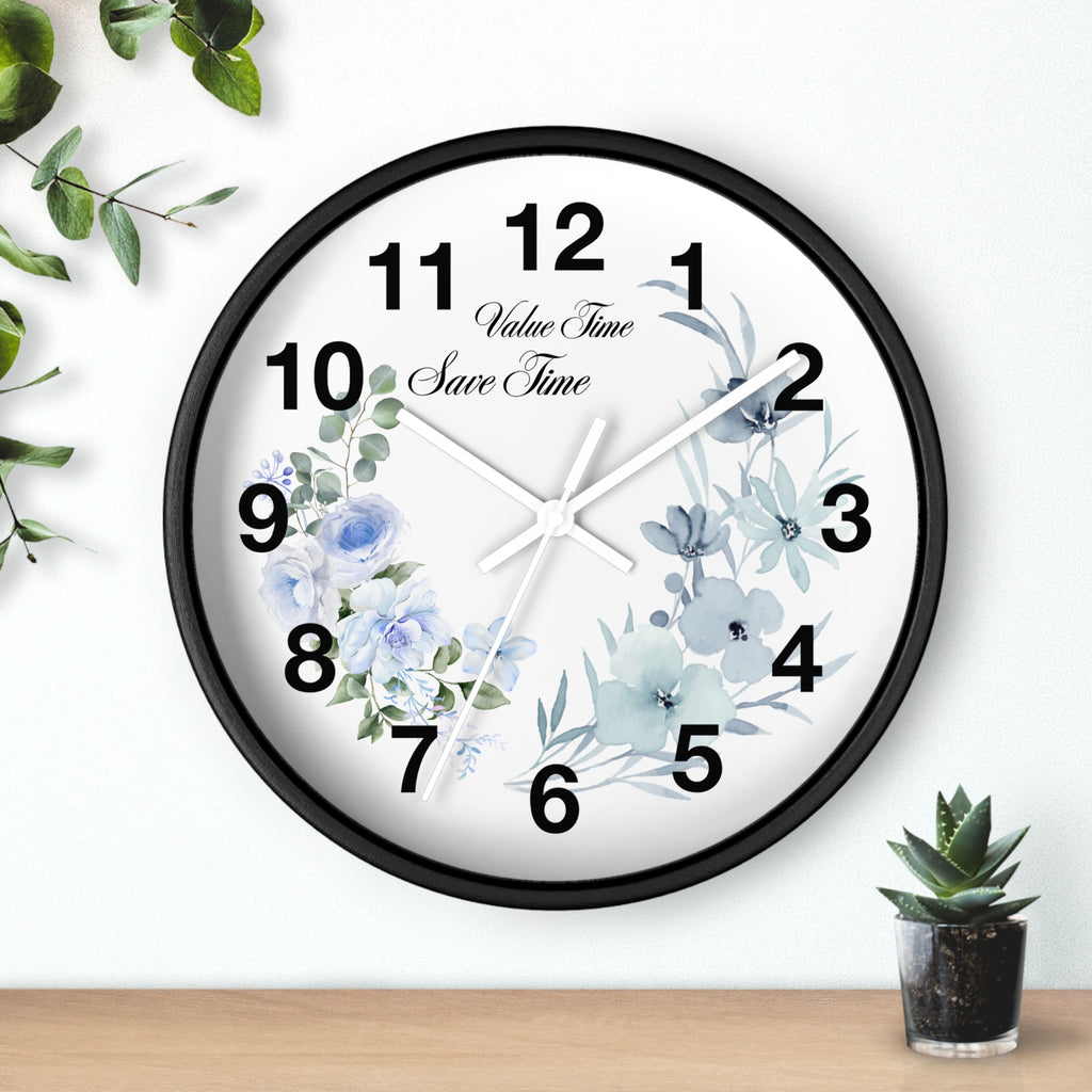 Floral Wall Clock | Value Time Save Time | Elegant Blue Rose Home Decor 2607048