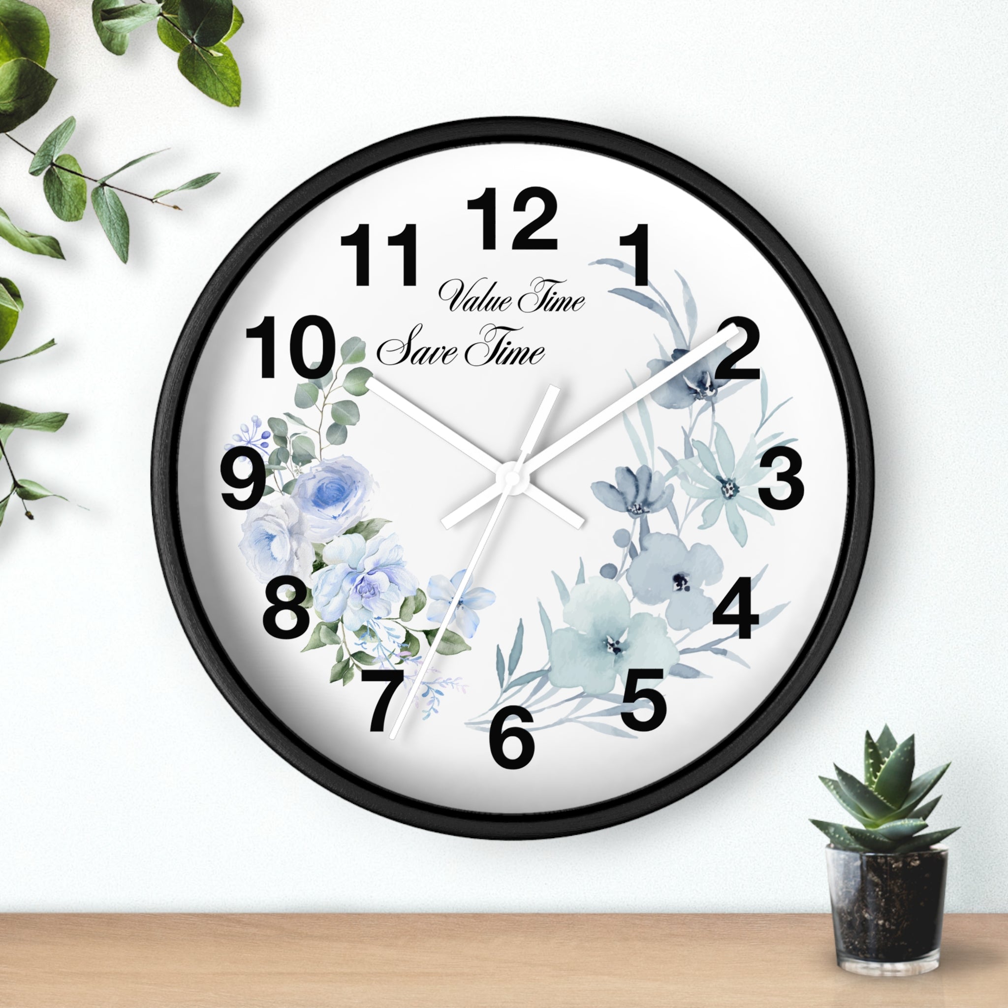 Floral Wall Clock | Value Time Save Time | Elegant Blue Rose Home Decor 2607048