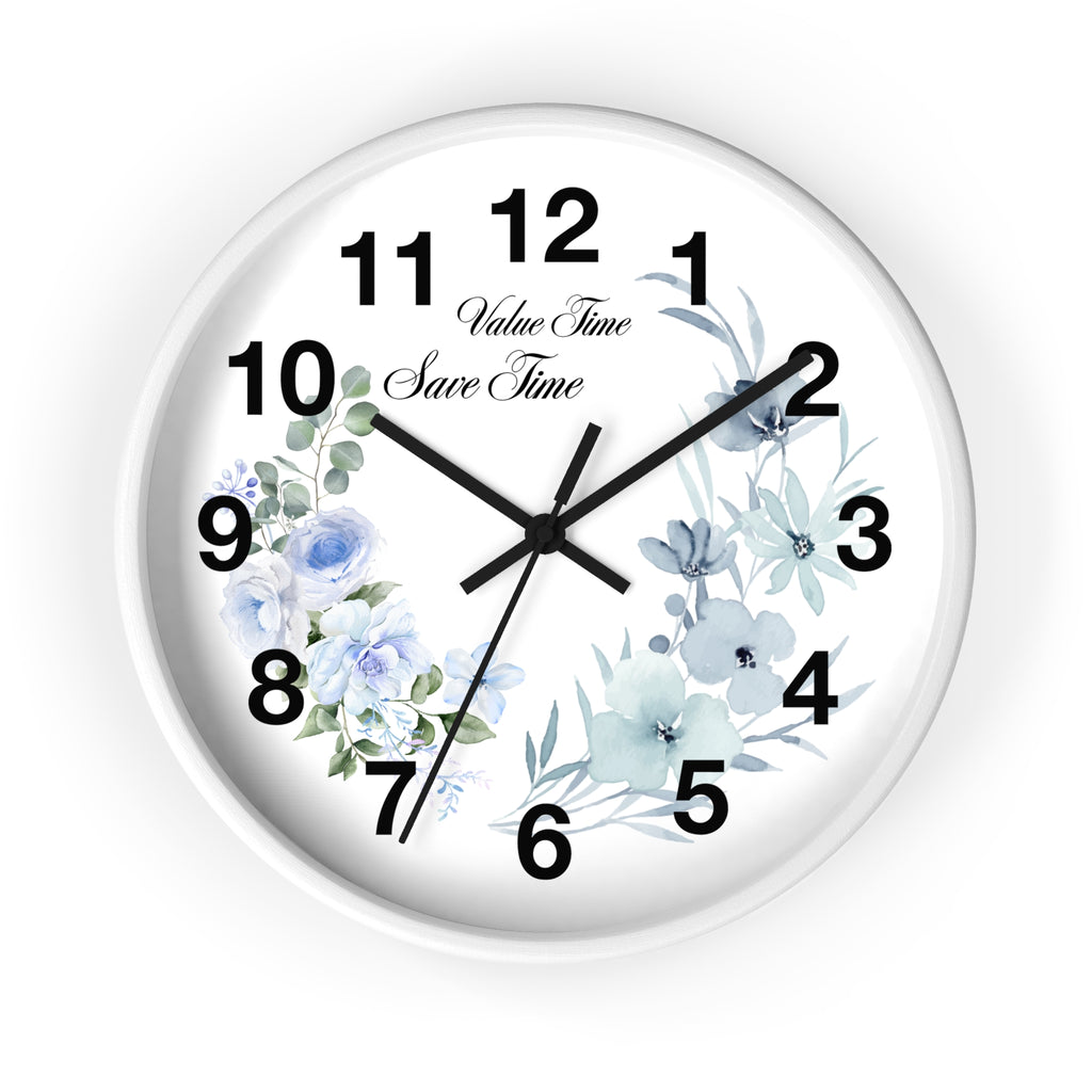 Floral Wall Clock | Value Time Save Time | Elegant Blue Rose Home Decor 2607048