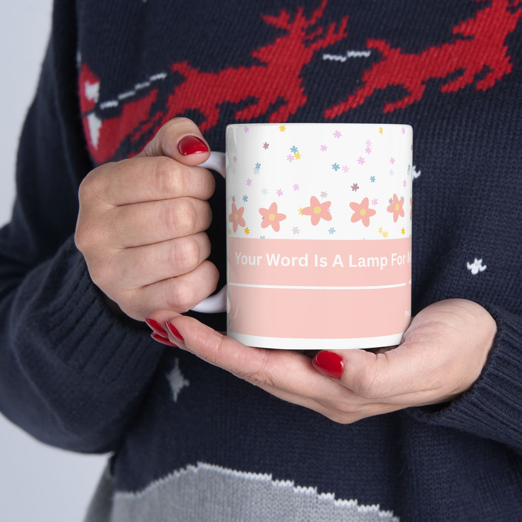 Inspirational Floral Psalm Mug - “Your Word Is A Lamp For My Feet” Ceramic Coffee Cup