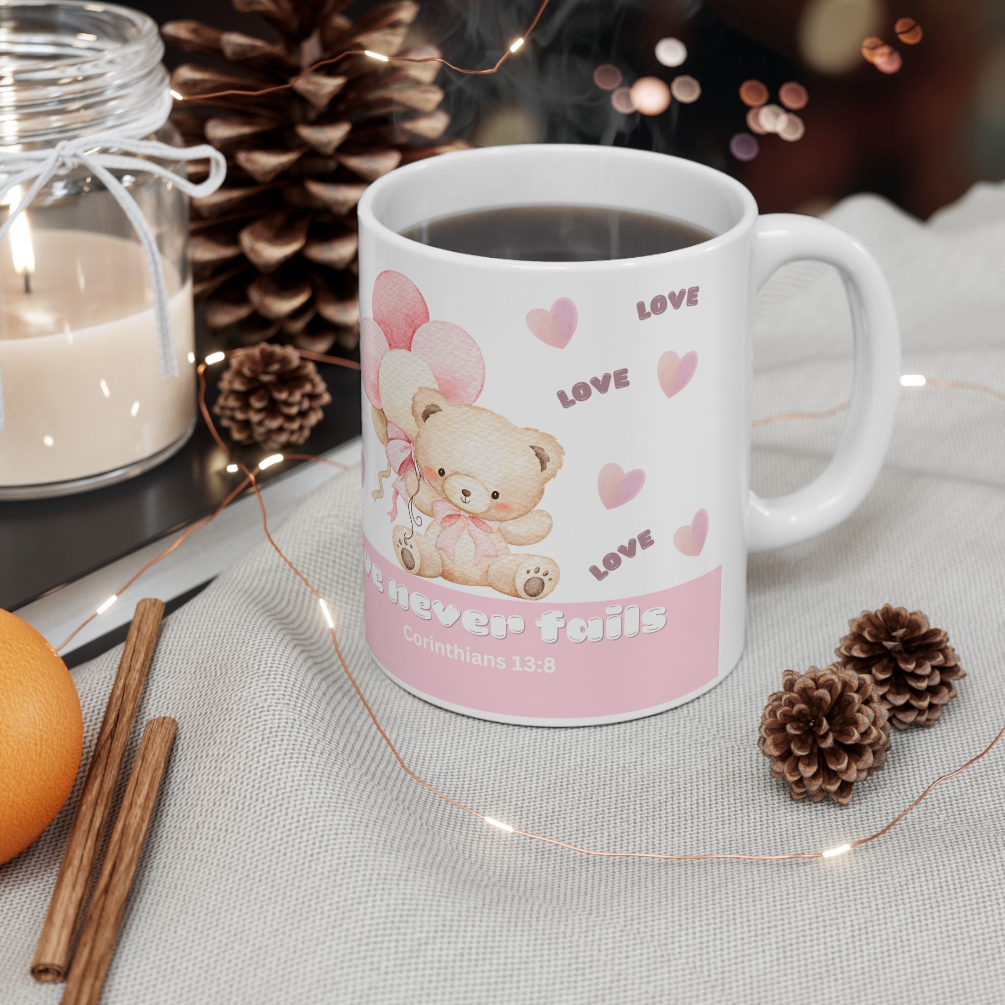 Love Bear Ceramic Mug — Cute Pink Heart Coffee Cup (11oz & 15oz)