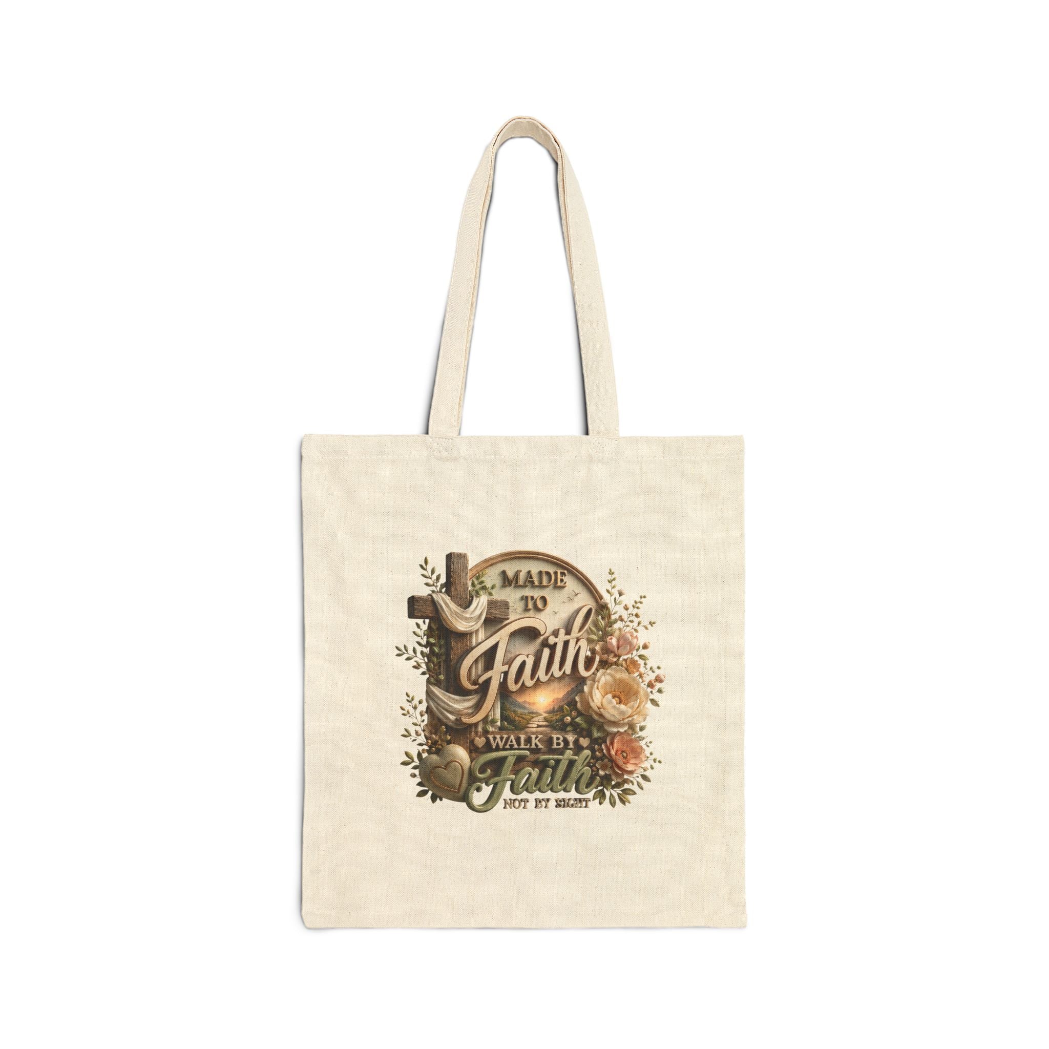 Faith Journey Canvas Tote Bag — "Made to Faith, Walk by Faith" Christian Floral Grocery Bag