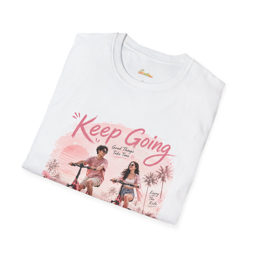 Keep Going motivational design T-Shirt | retro bike couple, pink palm scene