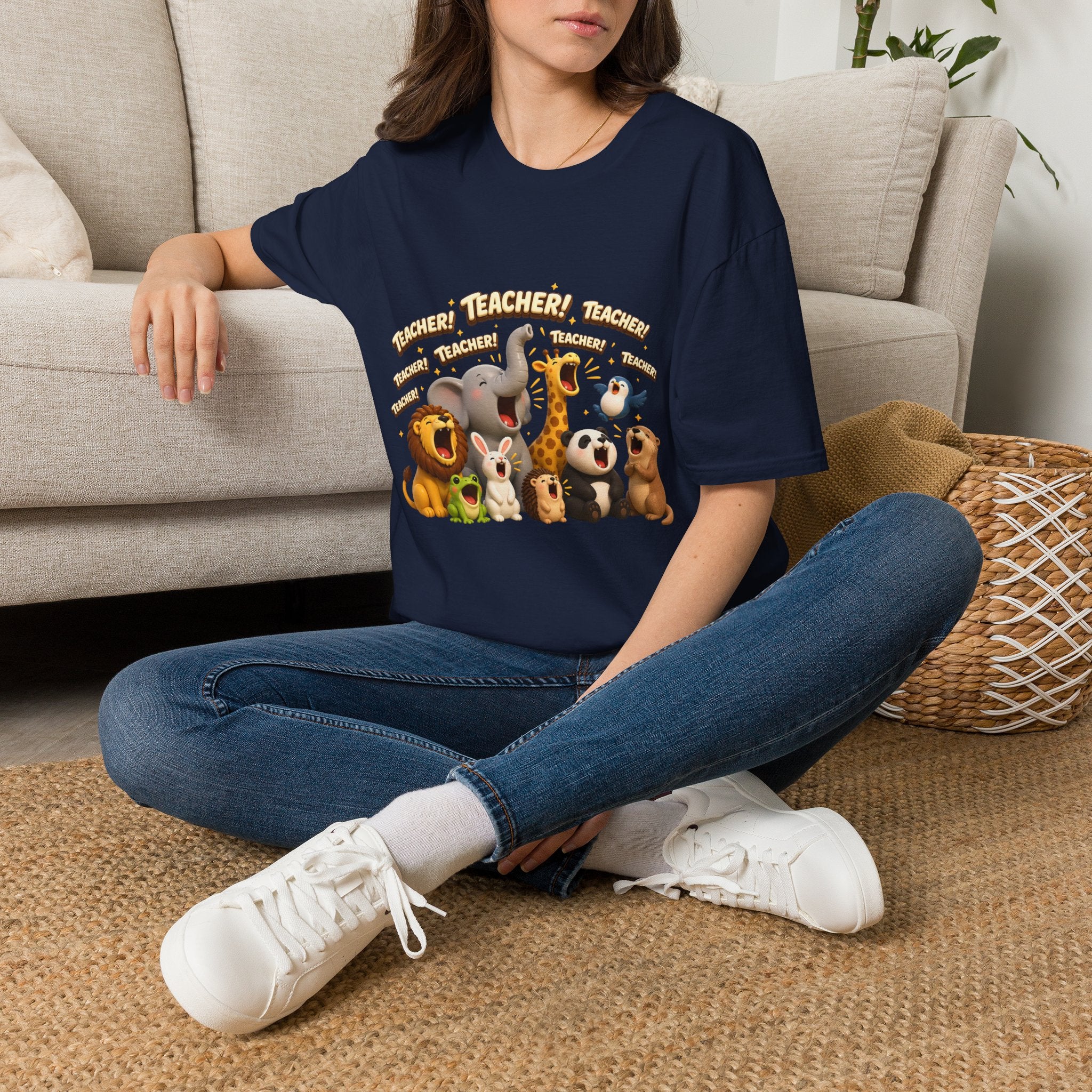 Cute Jungle Animals Saying TEACHER! T-Shirt | Elephant Giraffe Lion Penguin Design