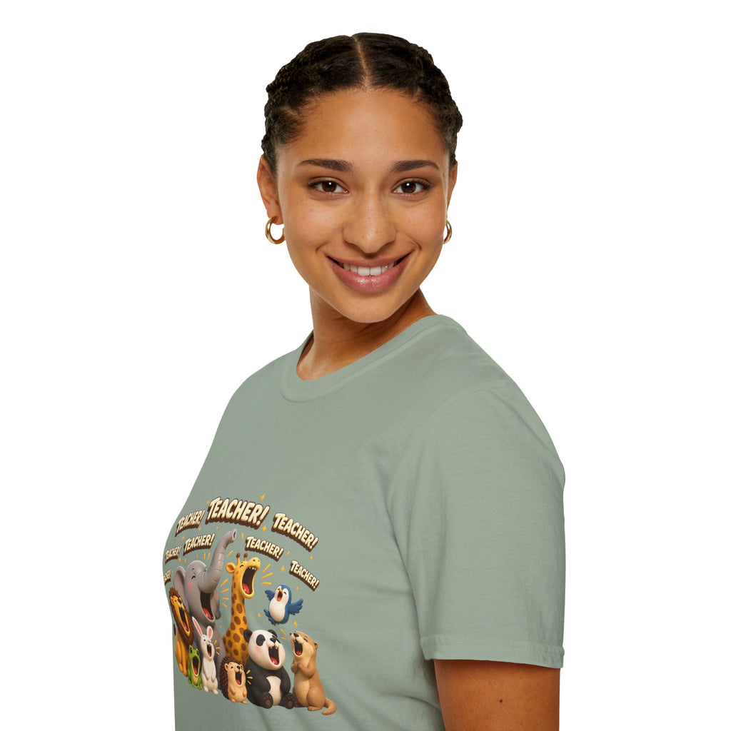 Cute Jungle Animals Saying TEACHER! T-Shirt | Elephant Giraffe Lion Penguin Design