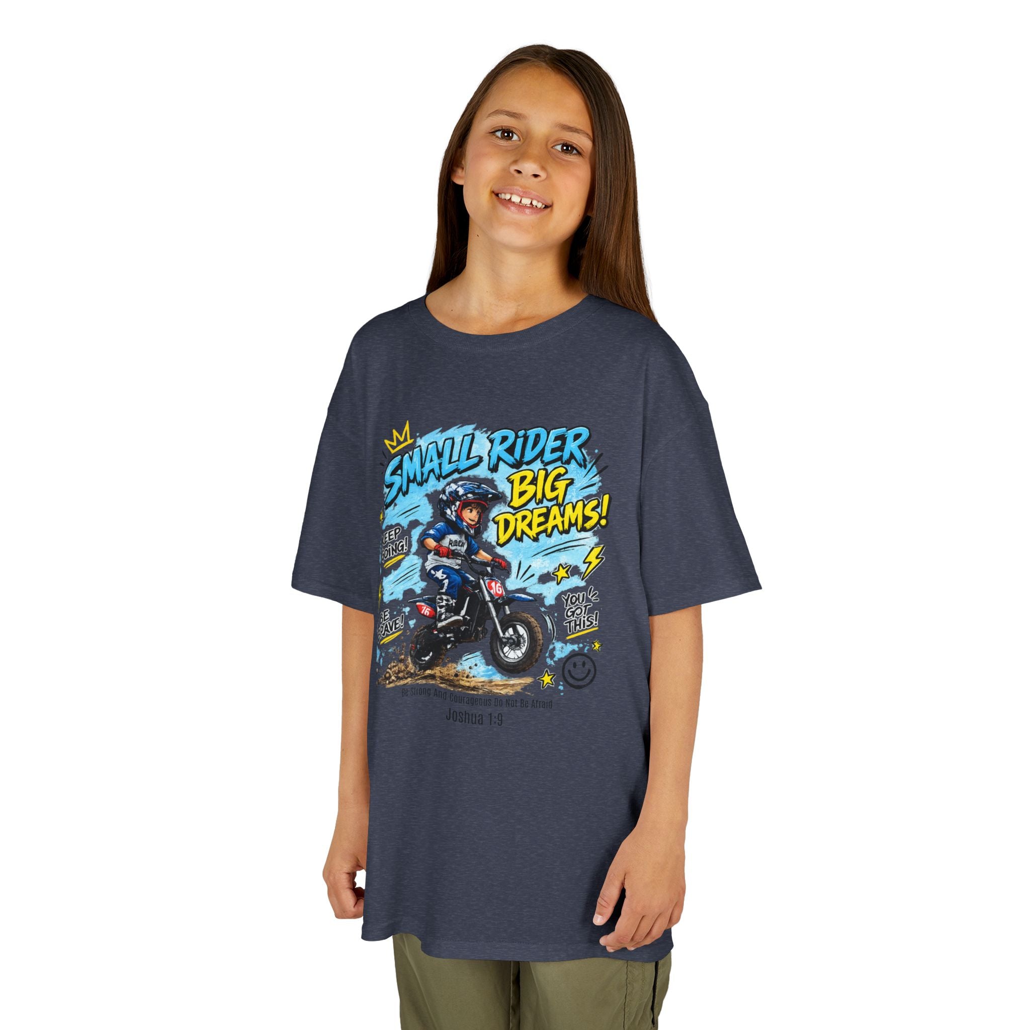 Kids Tee — "Small Rider, Big Dreams" Motorcycle Graphic Shirt