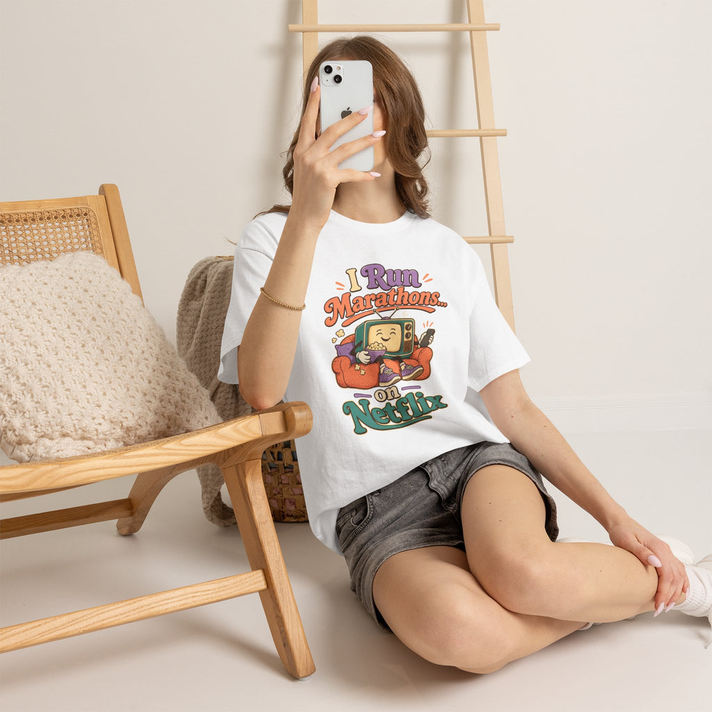 TV Marathon Tee — "I Run Marathons on Netflix" Funny Binge-Watching Shirt