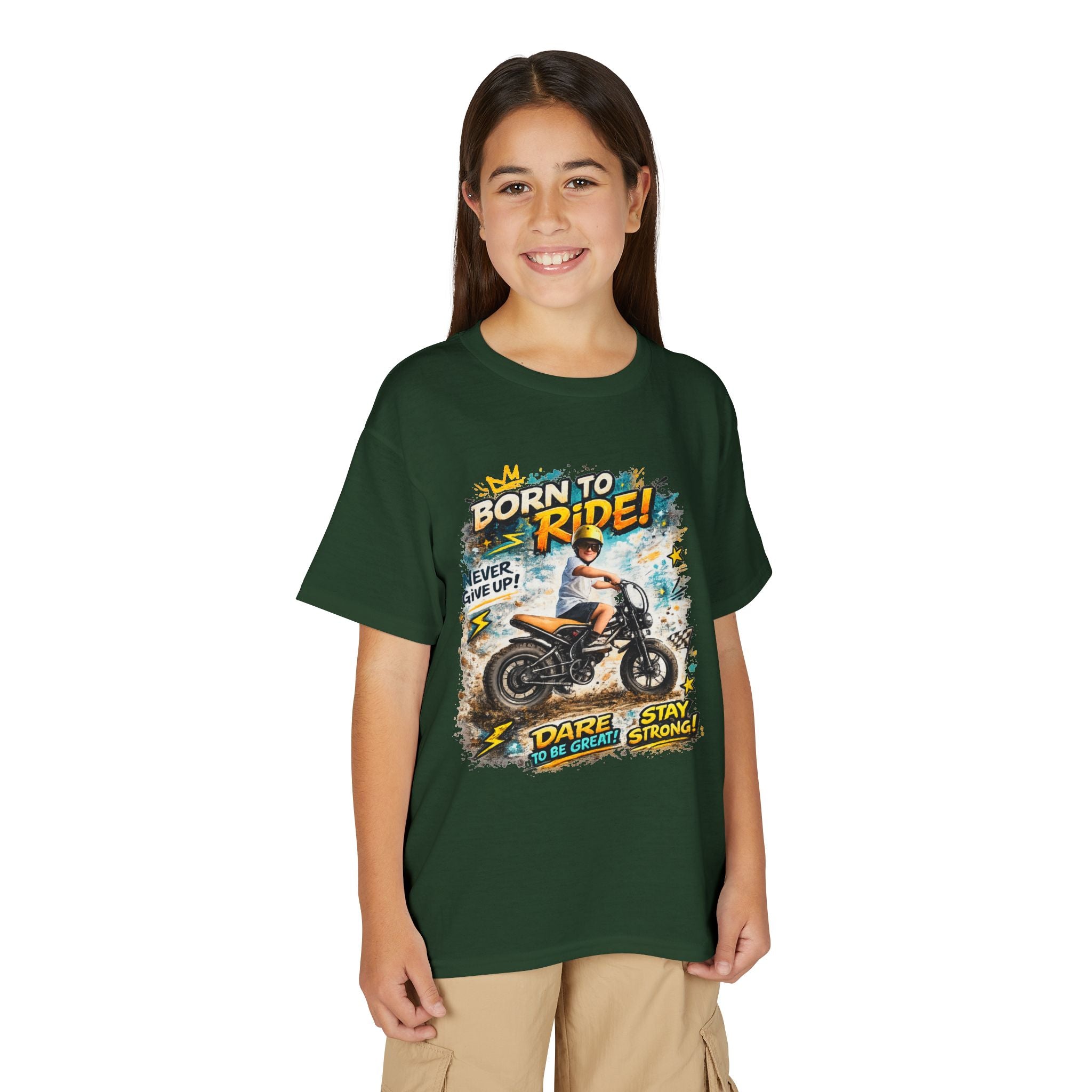 Youth Motorcycle T-Shirt — Born to Ride Graphic Tee for Boys & Girls (Dare to Be Great) 2607042