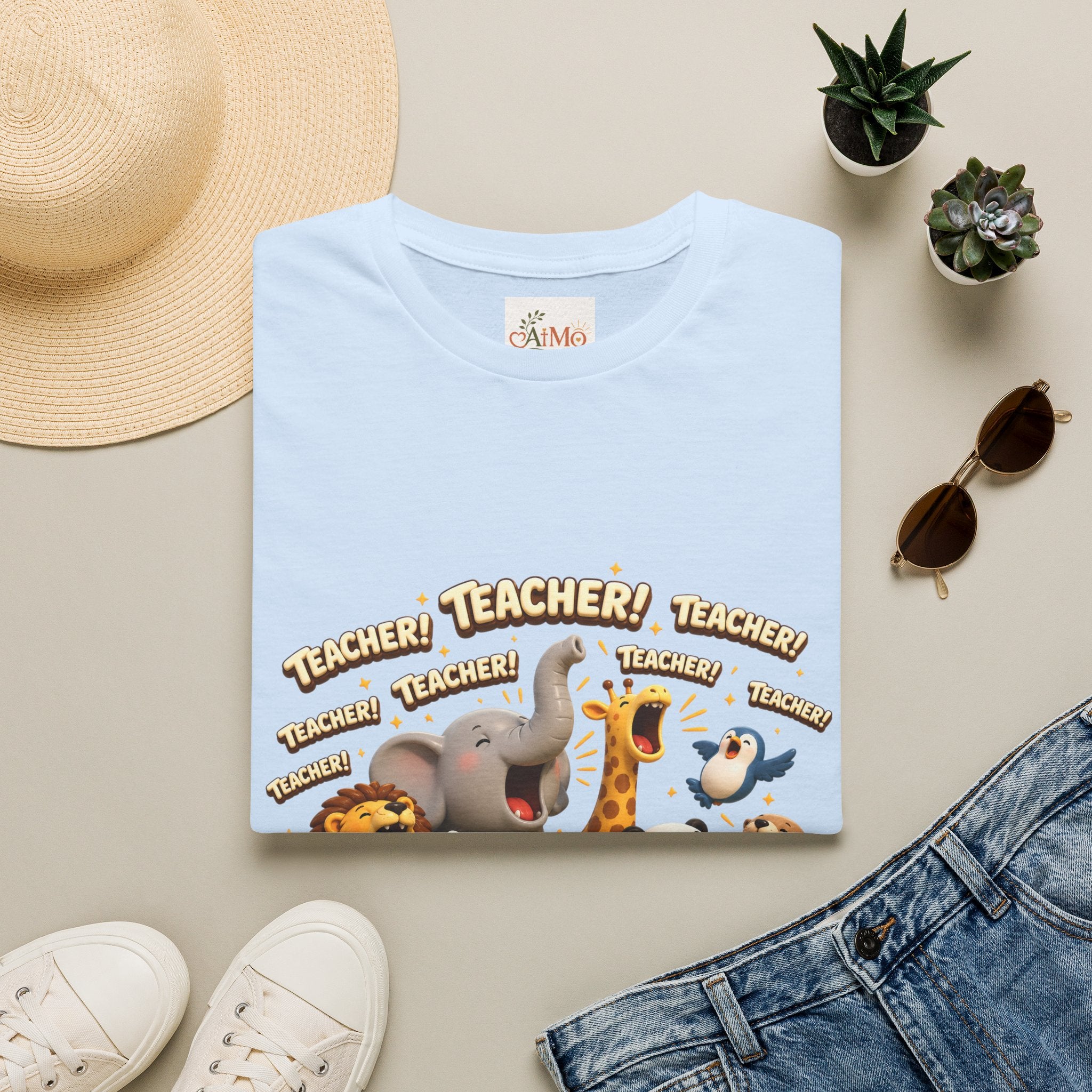 Cute Jungle Animals Saying TEACHER! T-Shirt | Elephant Giraffe Lion Penguin Design