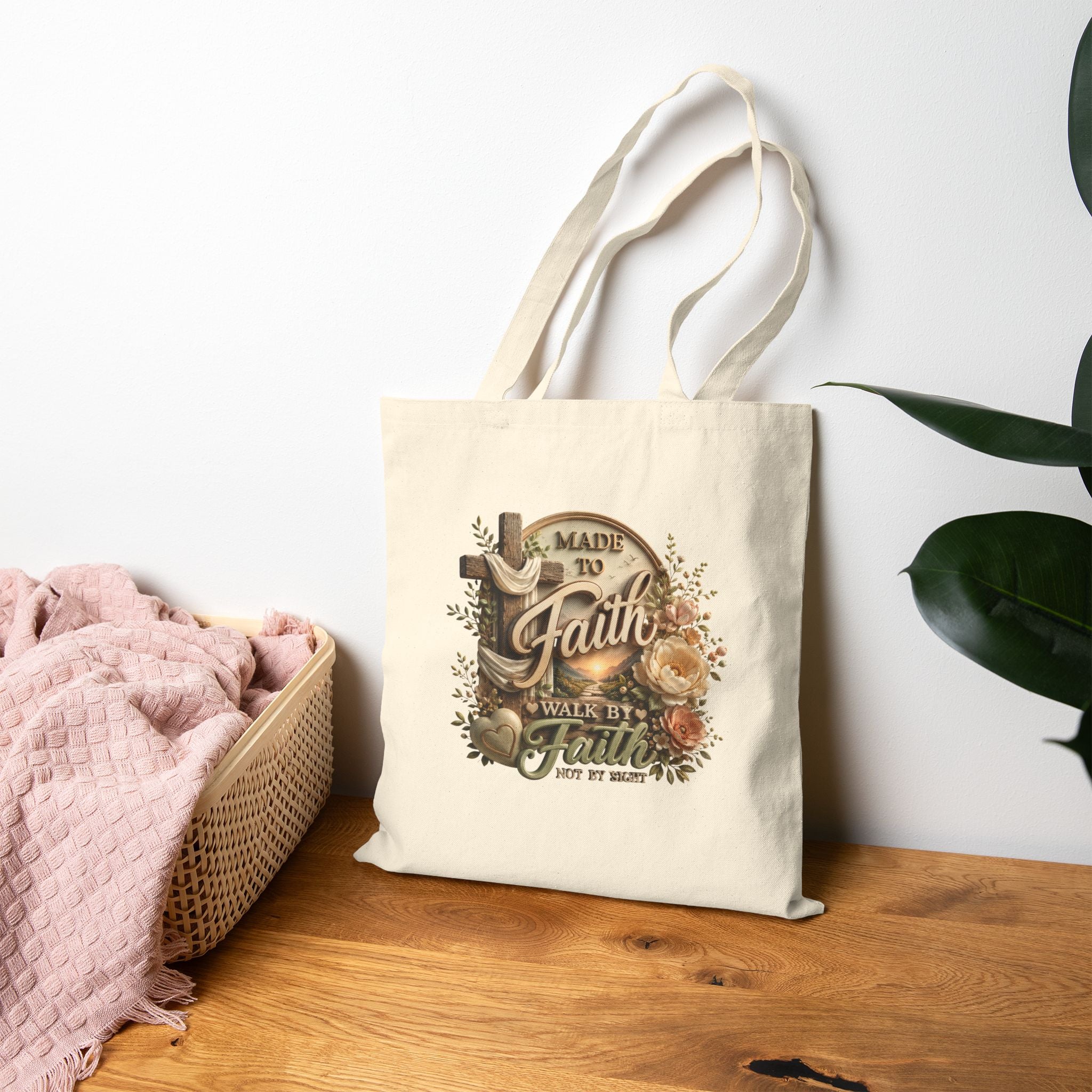 Faith Journey Canvas Tote Bag — "Made to Faith, Walk by Faith" Christian Floral Grocery Bag