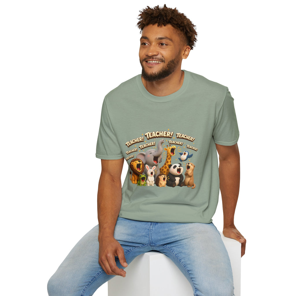 Cute Jungle Animals Saying TEACHER! T-Shirt | Elephant Giraffe Lion Penguin Design