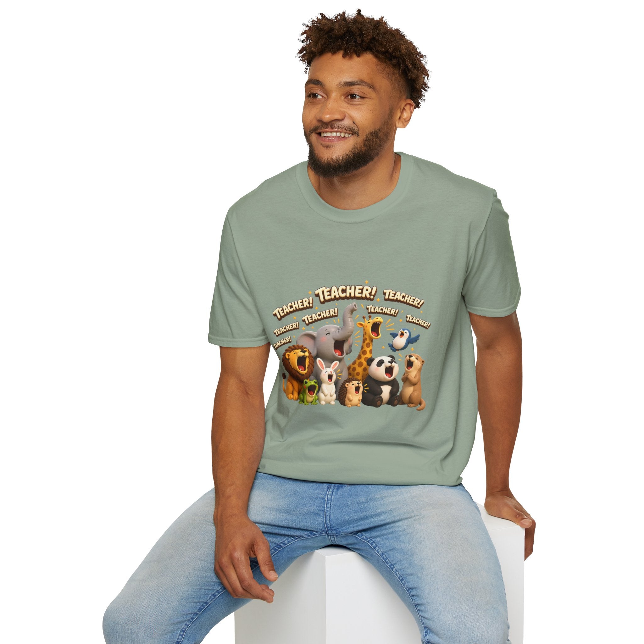 Cute Jungle Animals Saying TEACHER! T-Shirt | Elephant Giraffe Lion Penguin Design