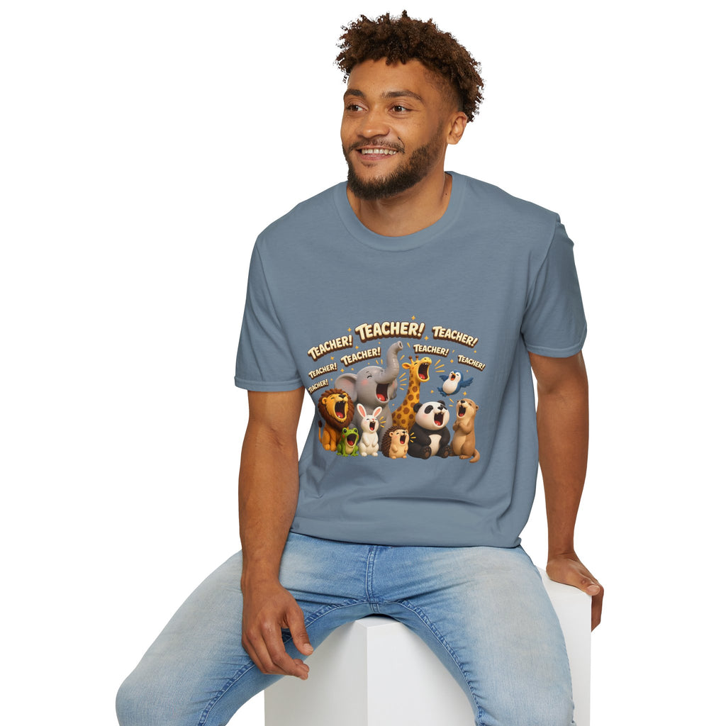 Cute Jungle Animals Saying TEACHER! T-Shirt | Elephant Giraffe Lion Penguin Design