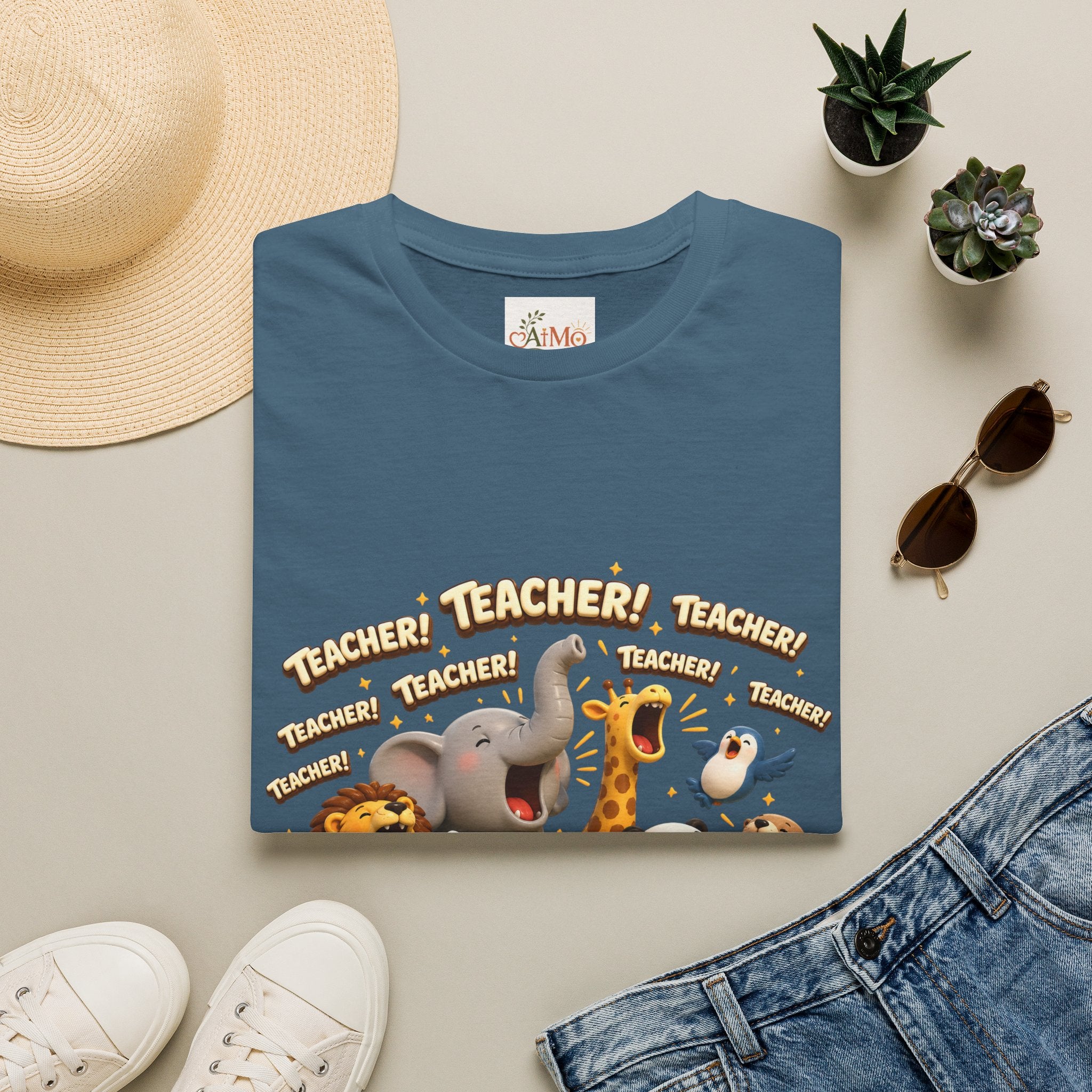 Cute Jungle Animals Saying TEACHER! T-Shirt | Elephant Giraffe Lion Penguin Design