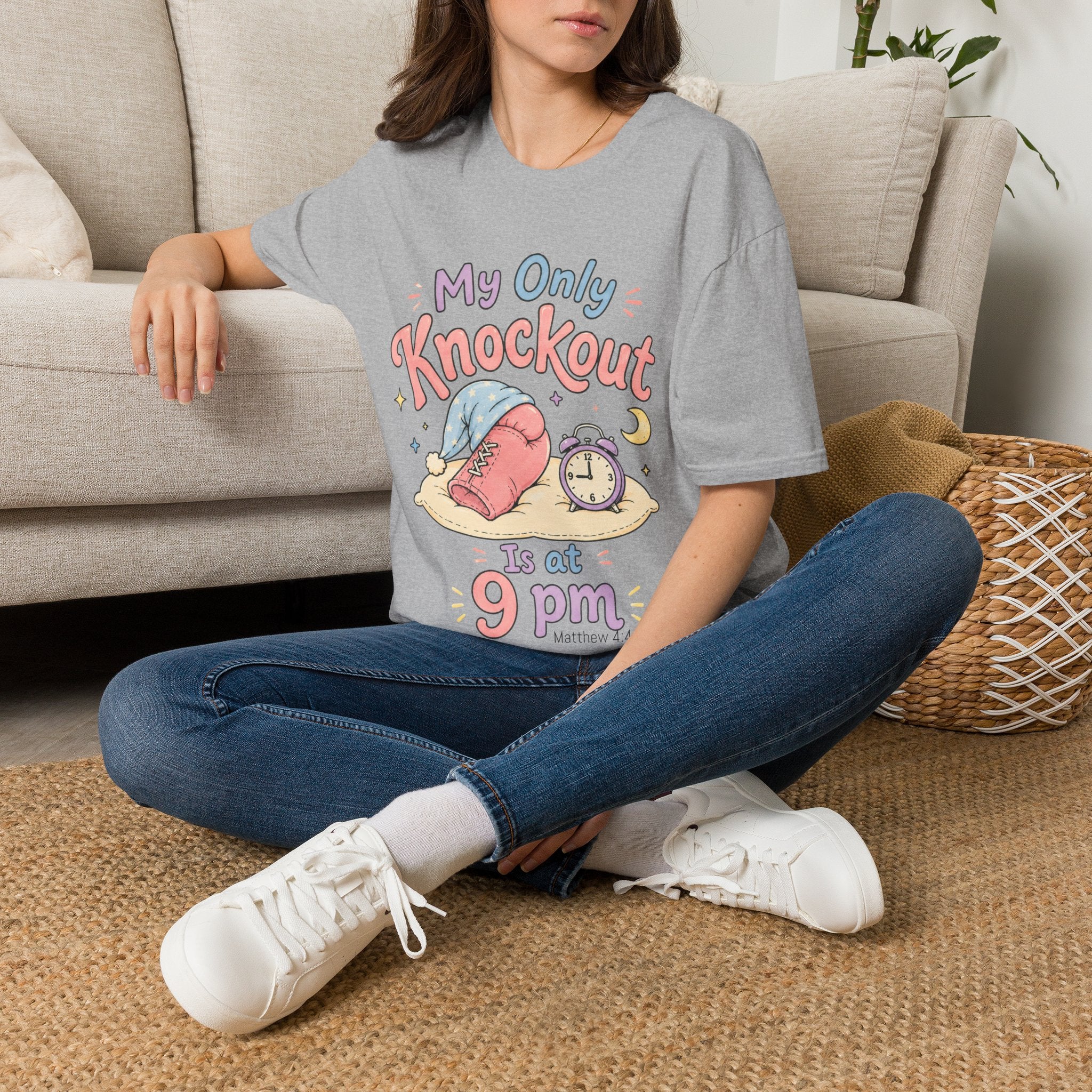 T-Shirt — "My Only Knockout Is at 9 PM" Cute Sleepy Boxing Cartoon Tee 2607021