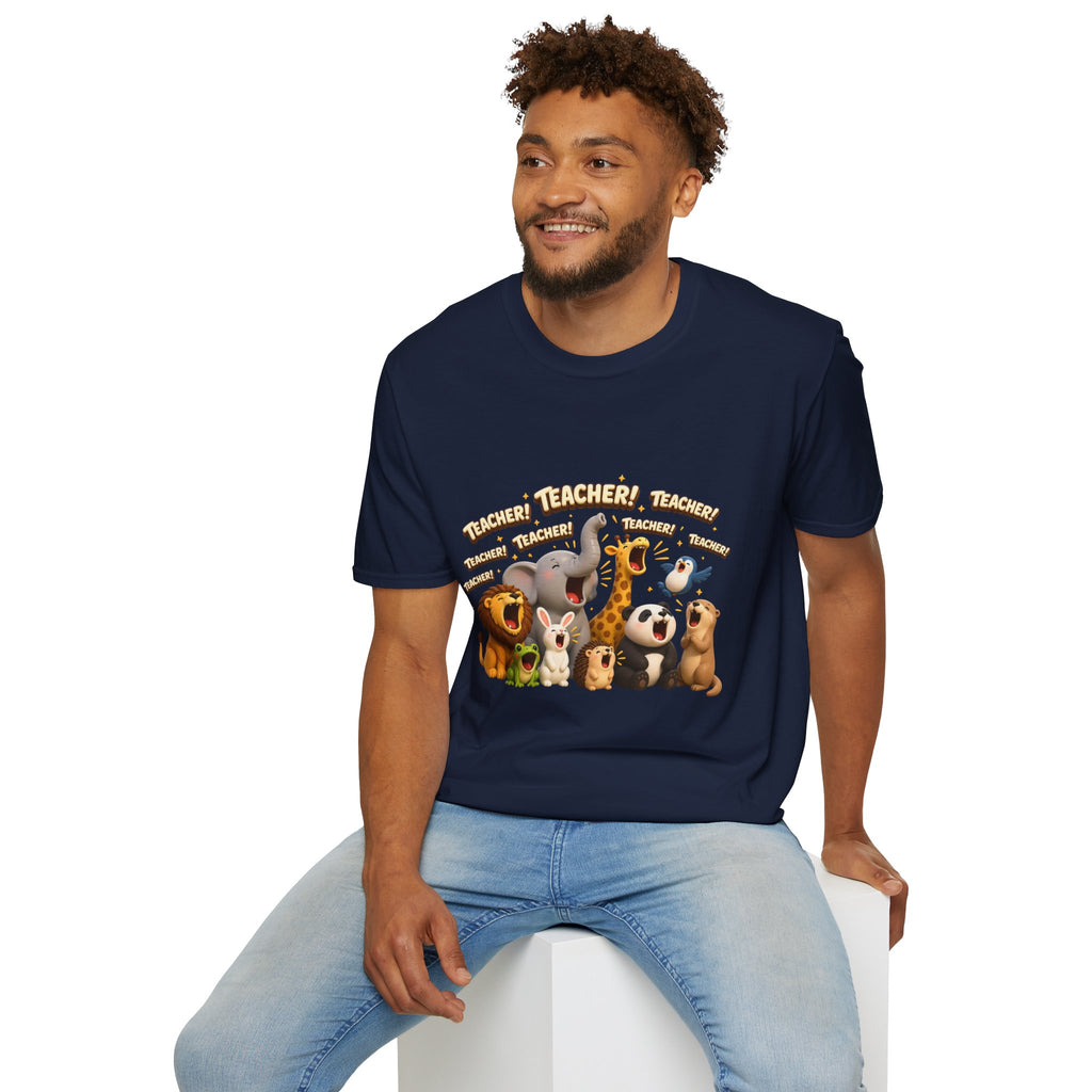 Cute Jungle Animals Saying TEACHER! T-Shirt | Elephant Giraffe Lion Penguin Design