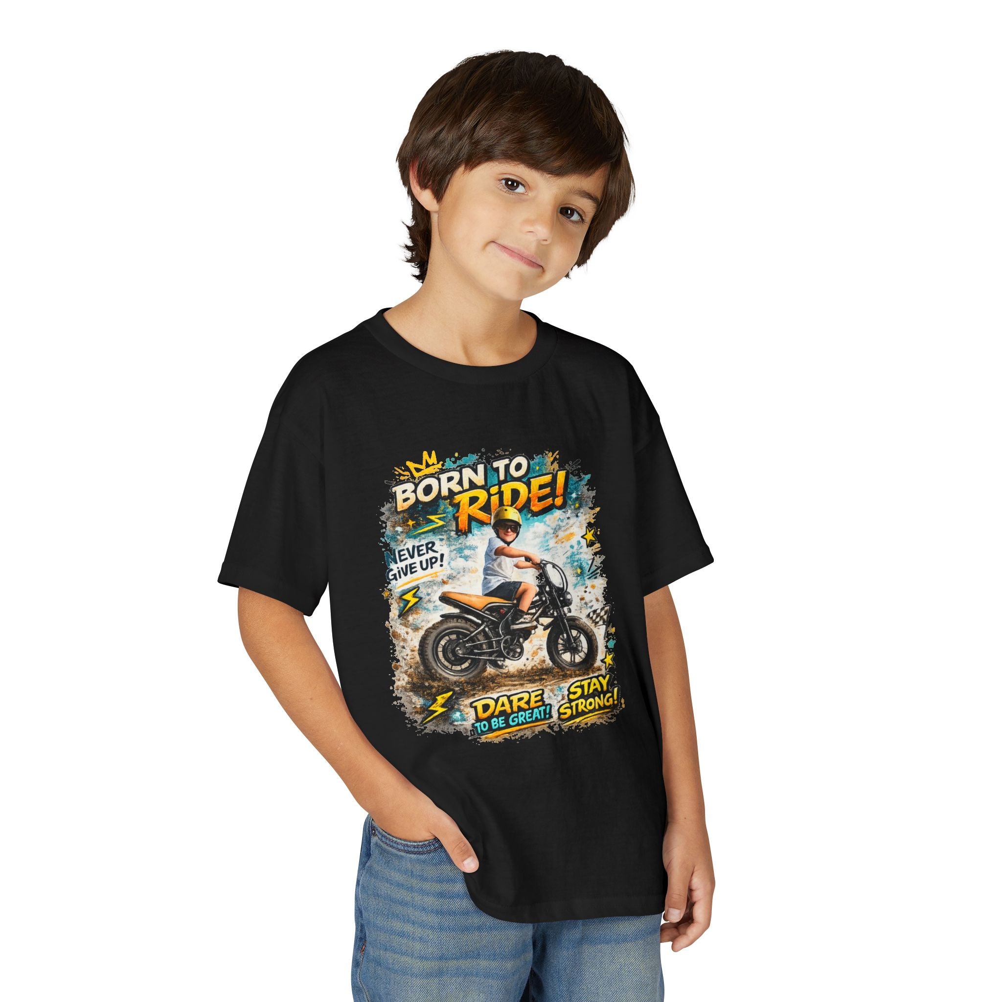 Youth Motorcycle T-Shirt — Born to Ride Graphic Tee for Boys & Girls (Dare to Be Great) 2607042