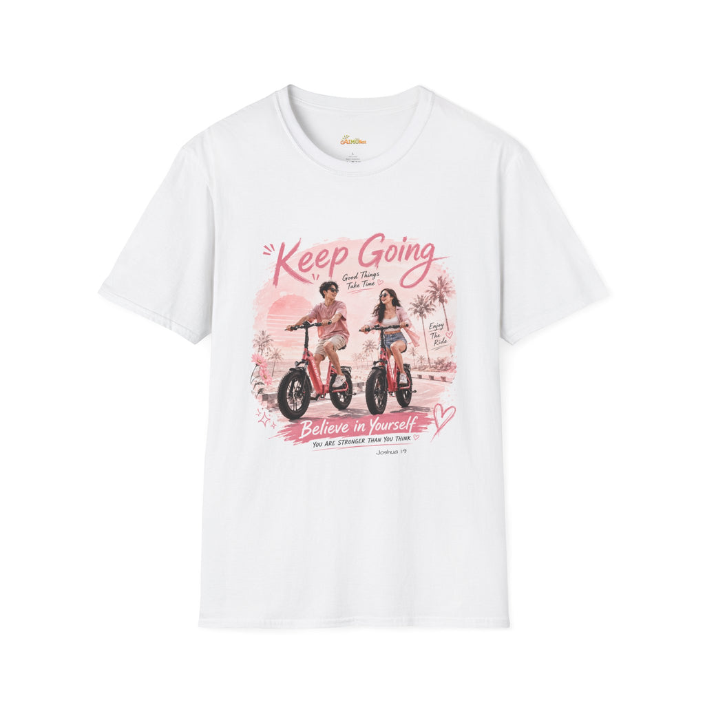 Keep Going motivational design T-Shirt | retro bike couple, pink palm scene