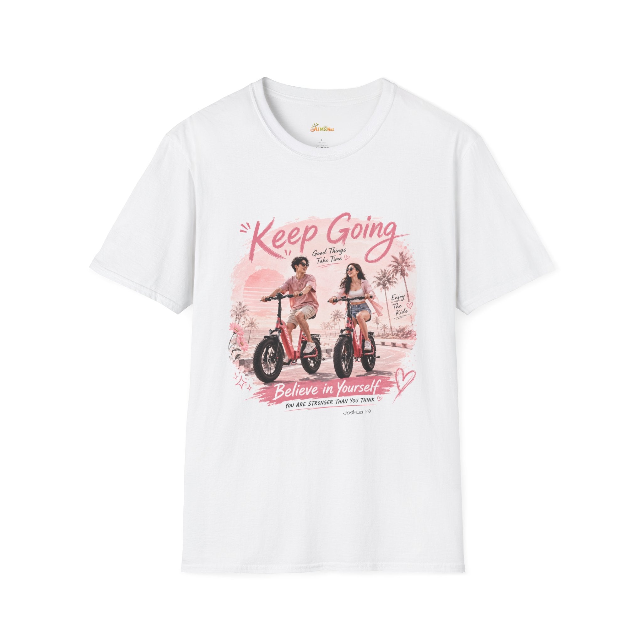 Keep Going motivational design T-Shirt | retro bike couple, pink palm scene