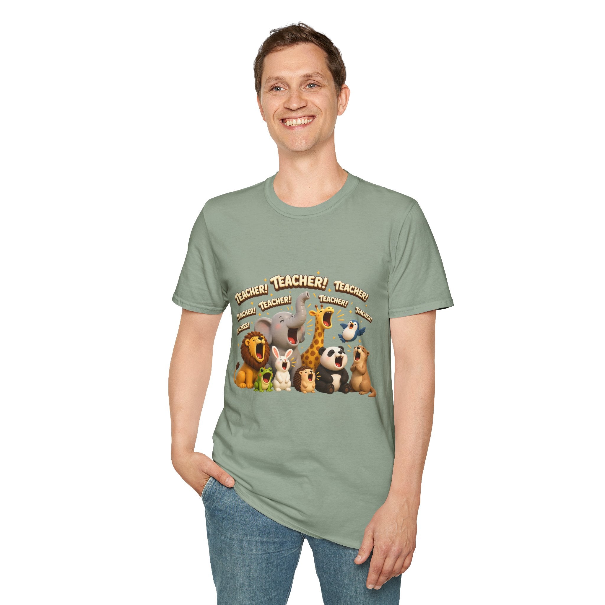 Cute Jungle Animals Saying TEACHER! T-Shirt | Elephant Giraffe Lion Penguin Design