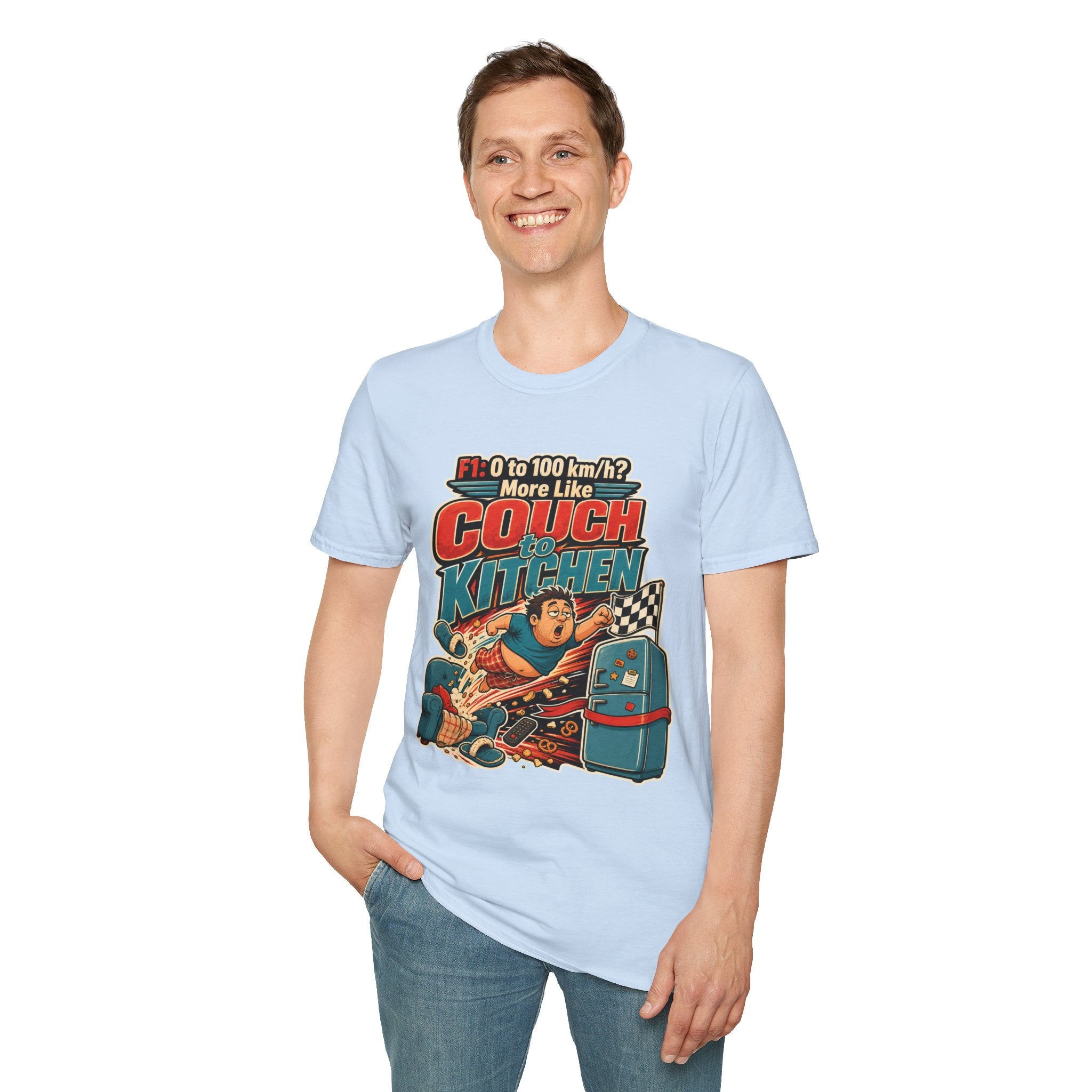 Couch to Kitchen Graphic T-Shirt – Funny F1 0-100 km/h Racing Humor Tee
