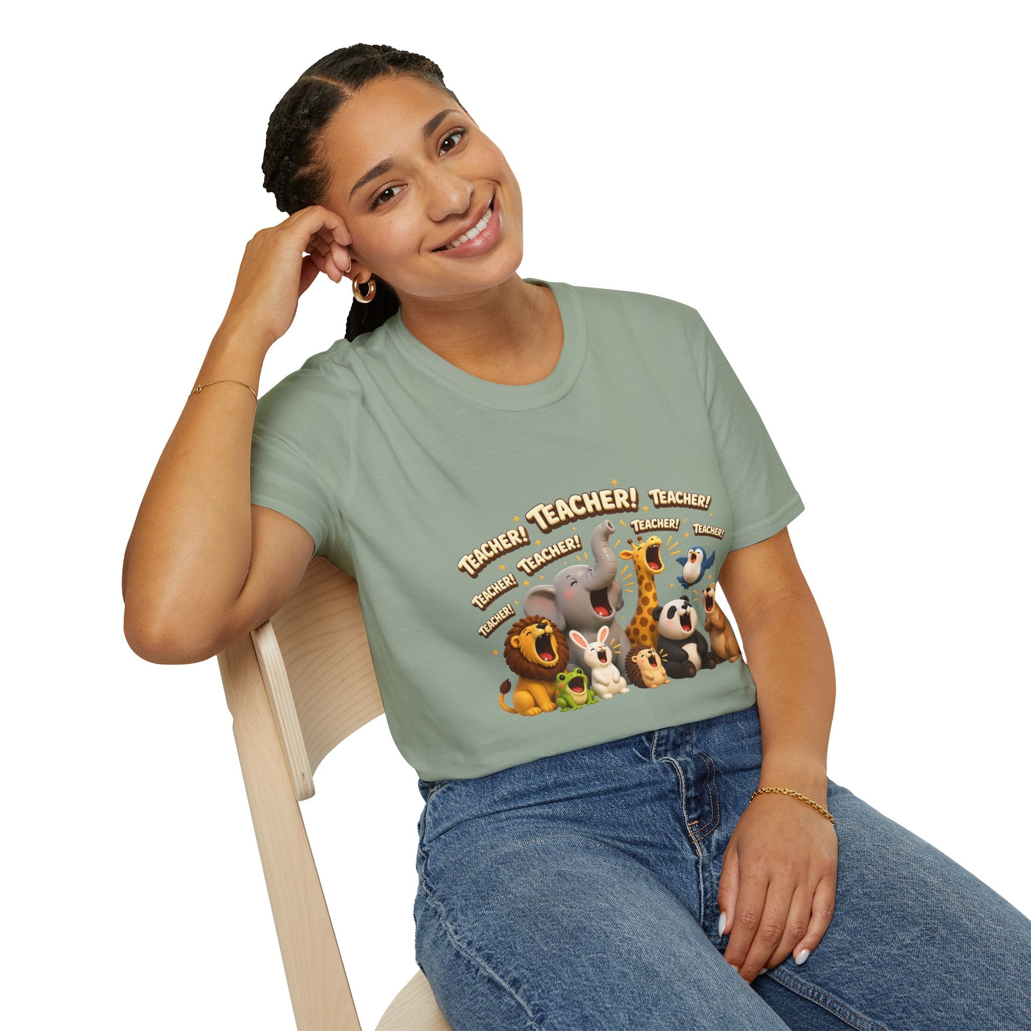 Cute Jungle Animals Saying TEACHER! T-Shirt | Elephant Giraffe Lion Penguin Design