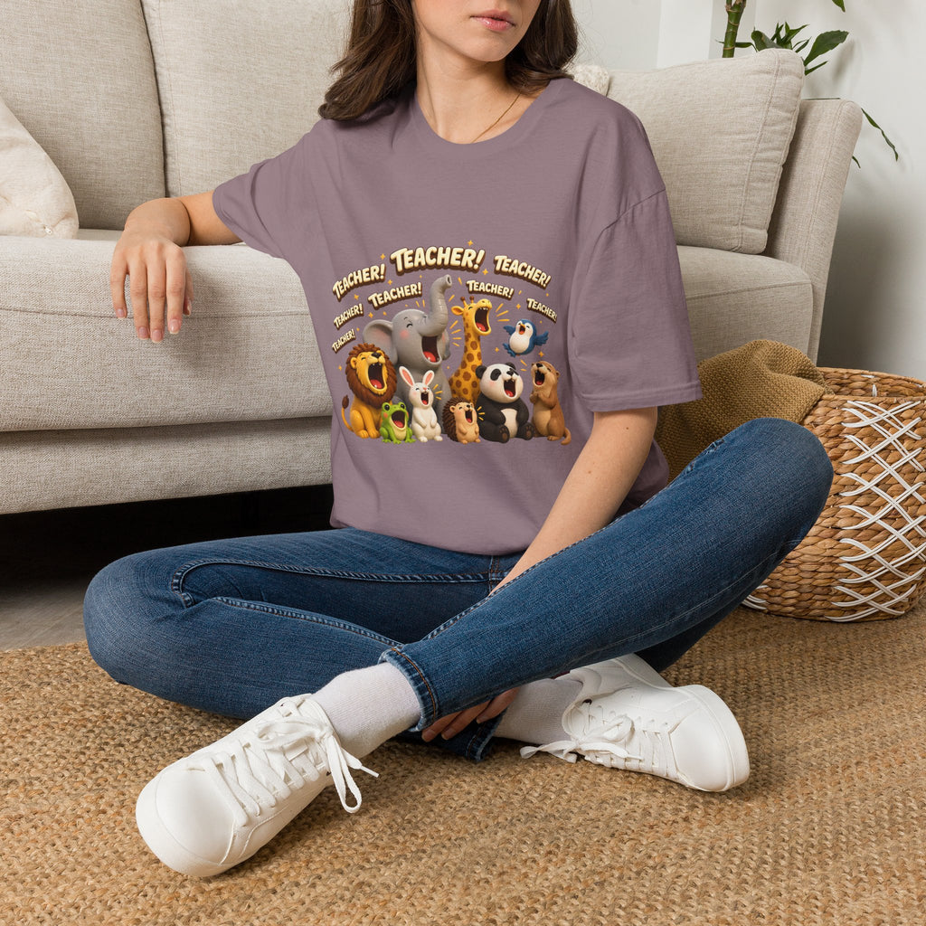 Cute Jungle Animals Saying TEACHER! T-Shirt | Elephant Giraffe Lion Penguin Design