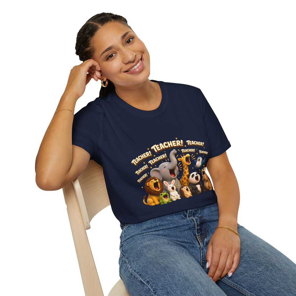 Cute Jungle Animals Saying TEACHER! T-Shirt | Elephant Giraffe Lion Penguin Design
