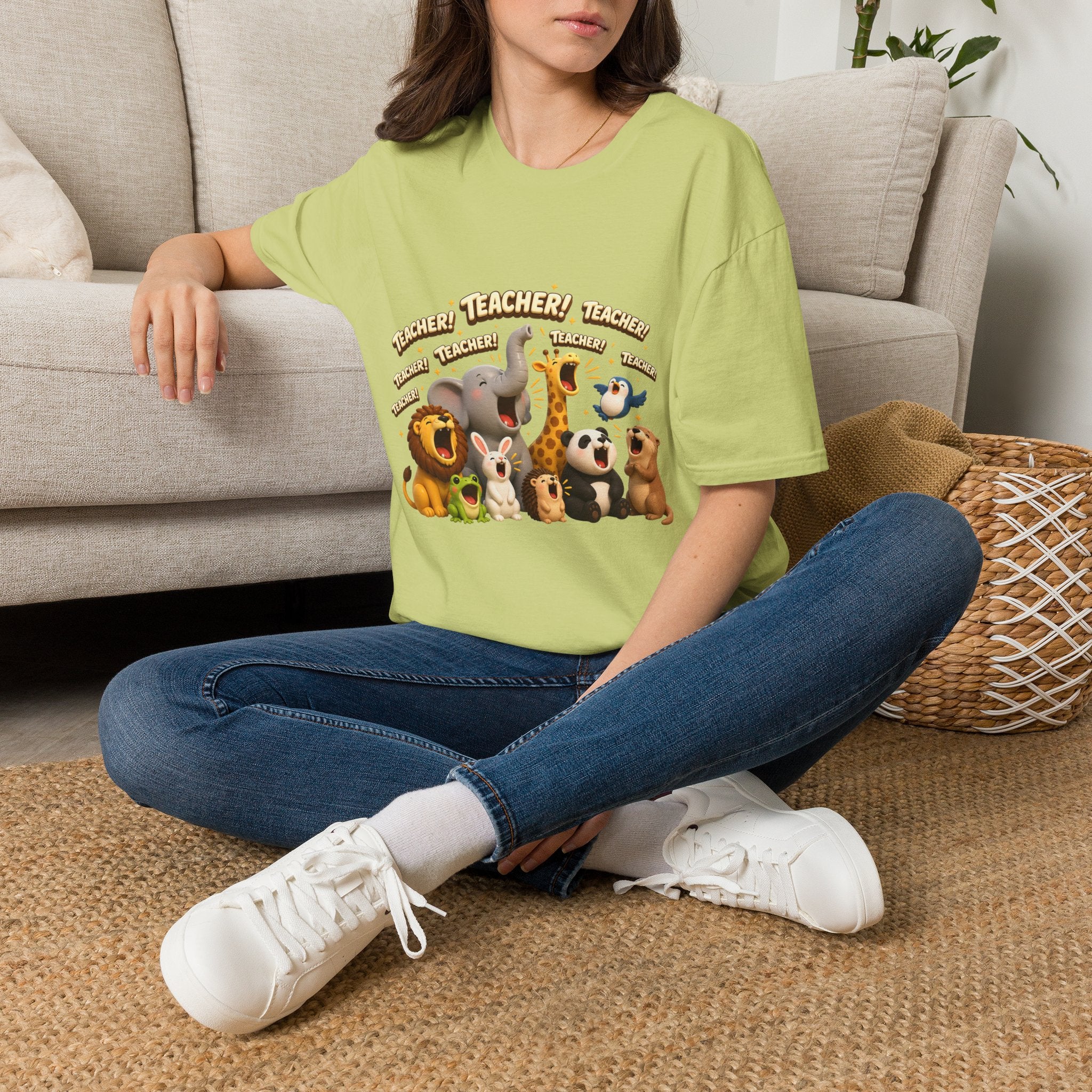 Cute Jungle Animals Saying TEACHER! T-Shirt | Elephant Giraffe Lion Penguin Design