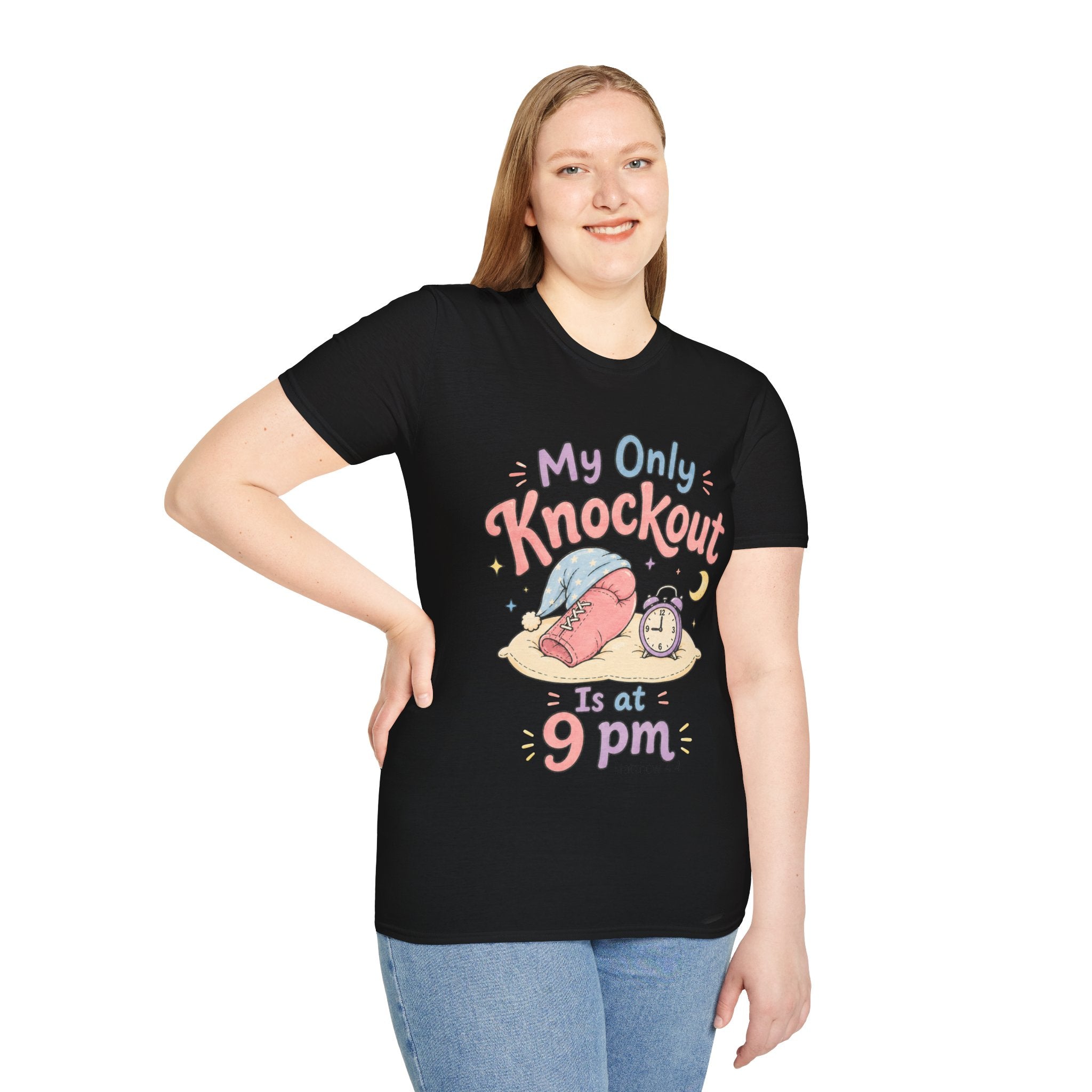 T-Shirt — "My Only Knockout Is at 9 PM" Cute Sleepy Boxing Cartoon Tee 2607021