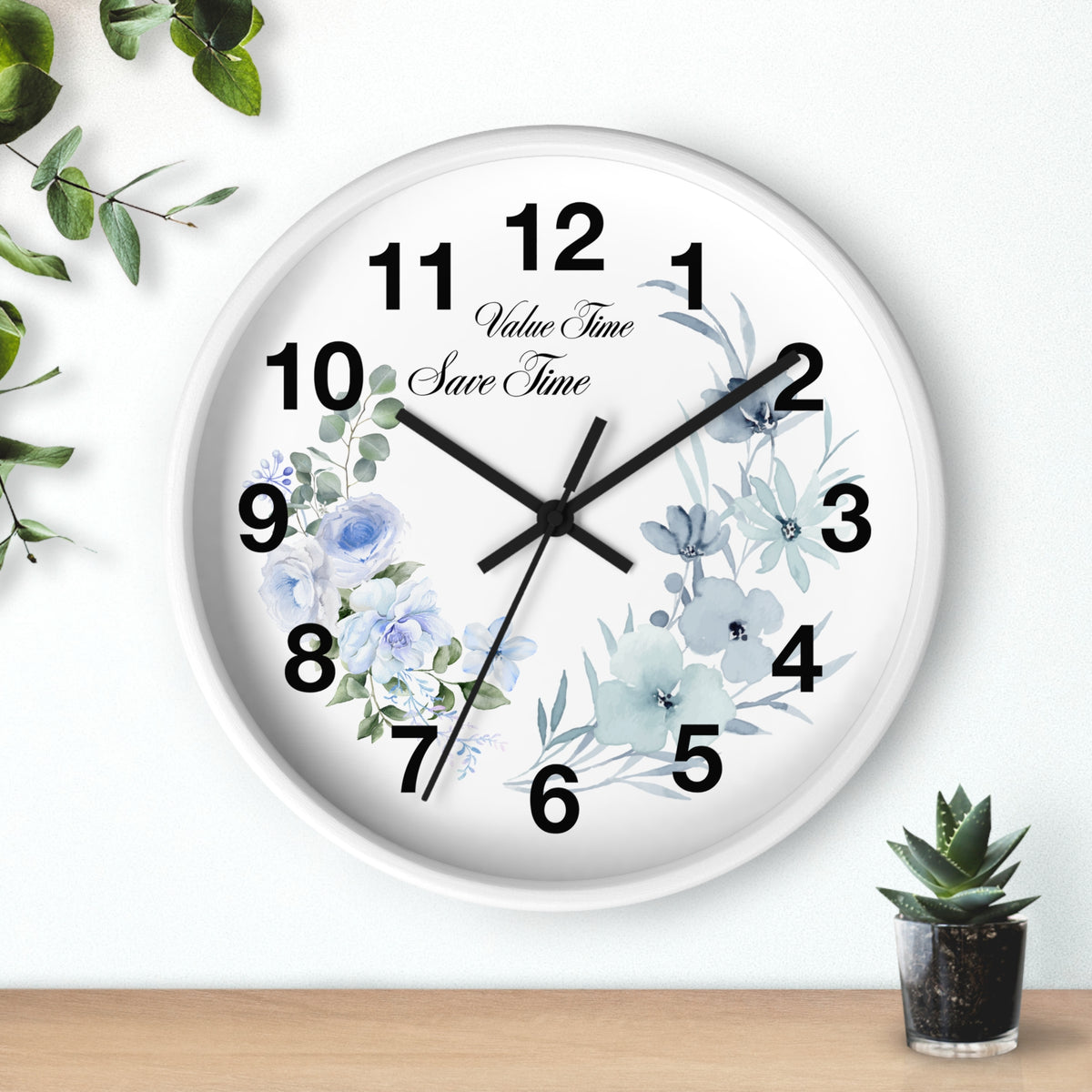 Floral Wall Clock | Value Time Save Time | Elegant Blue Rose Home Decor 2607048