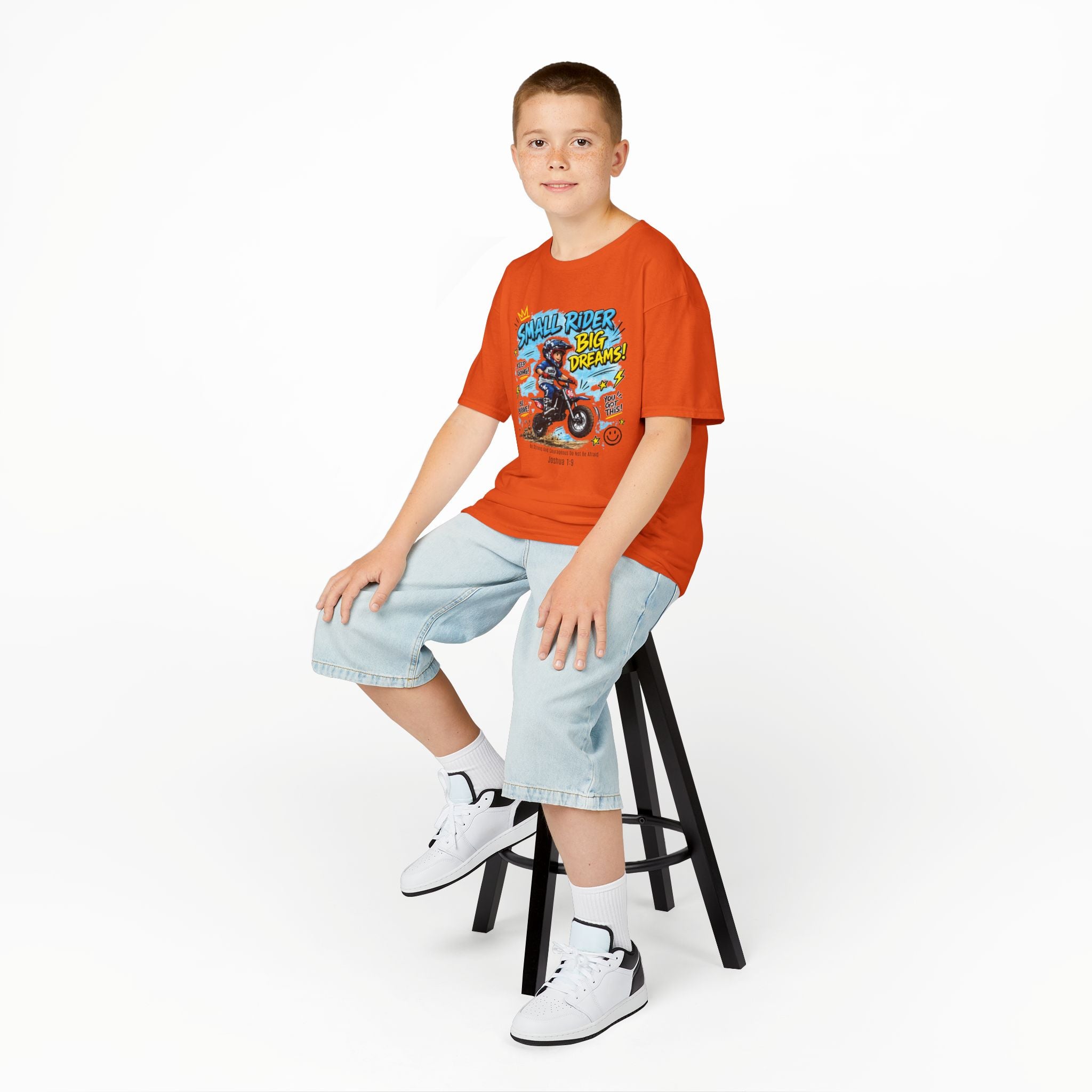 Kids Tee — "Small Rider, Big Dreams" Motorcycle Graphic Shirt