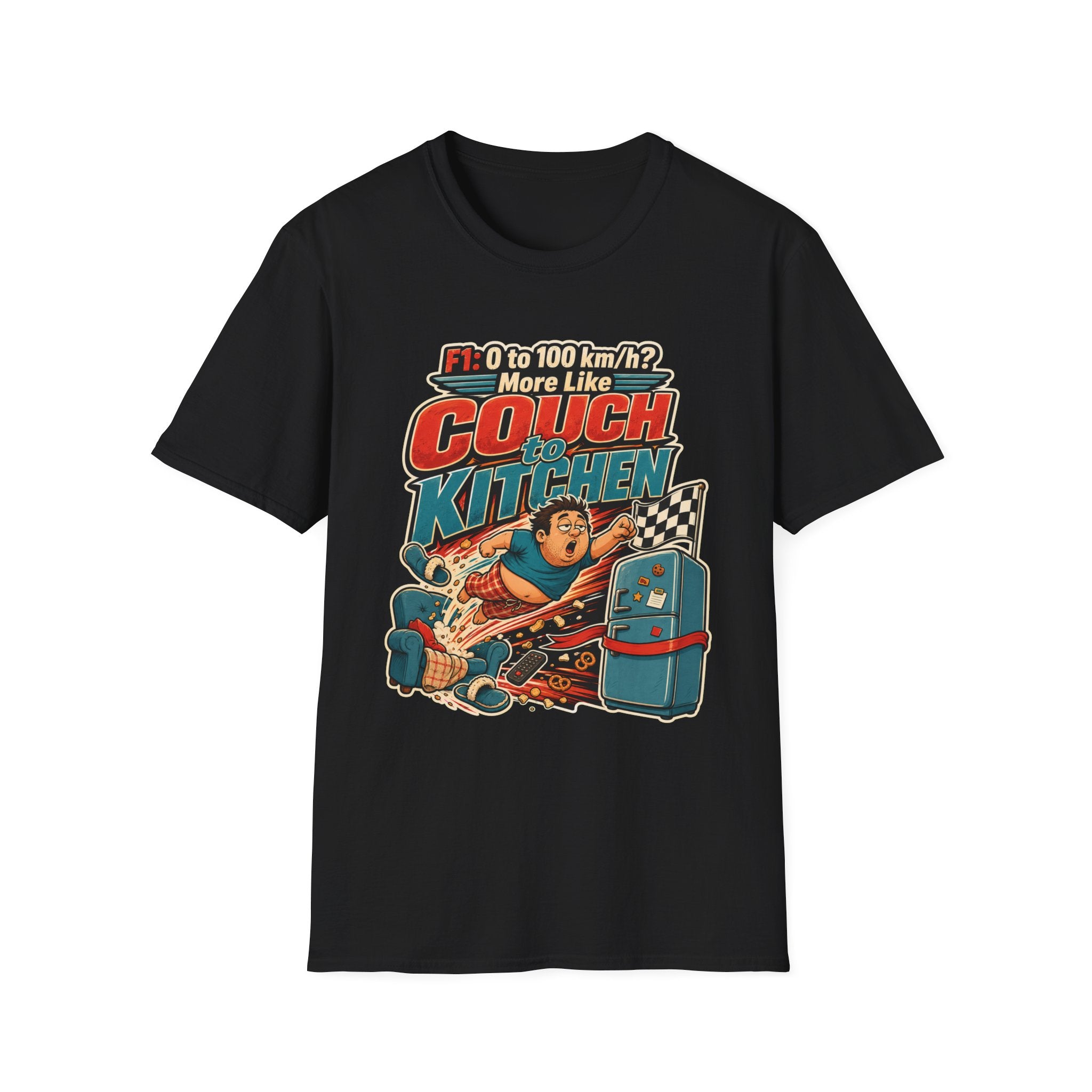 Couch to Kitchen Graphic T-Shirt – Funny F1 0-100 km/h Racing Humor Tee