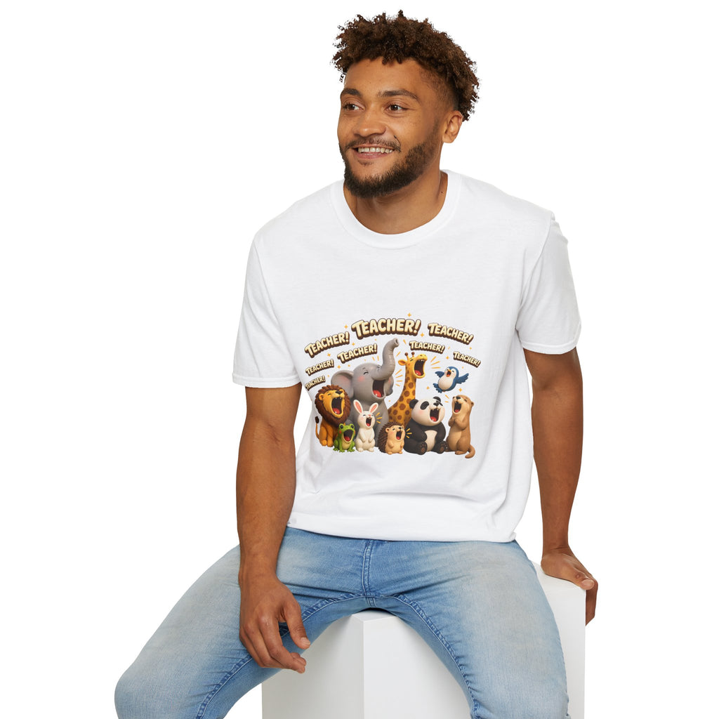 Cute Jungle Animals Saying TEACHER! T-Shirt | Elephant Giraffe Lion Penguin Design