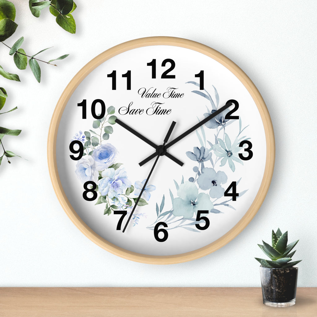 Floral Wall Clock | Value Time Save Time | Elegant Blue Rose Home Decor 2607048