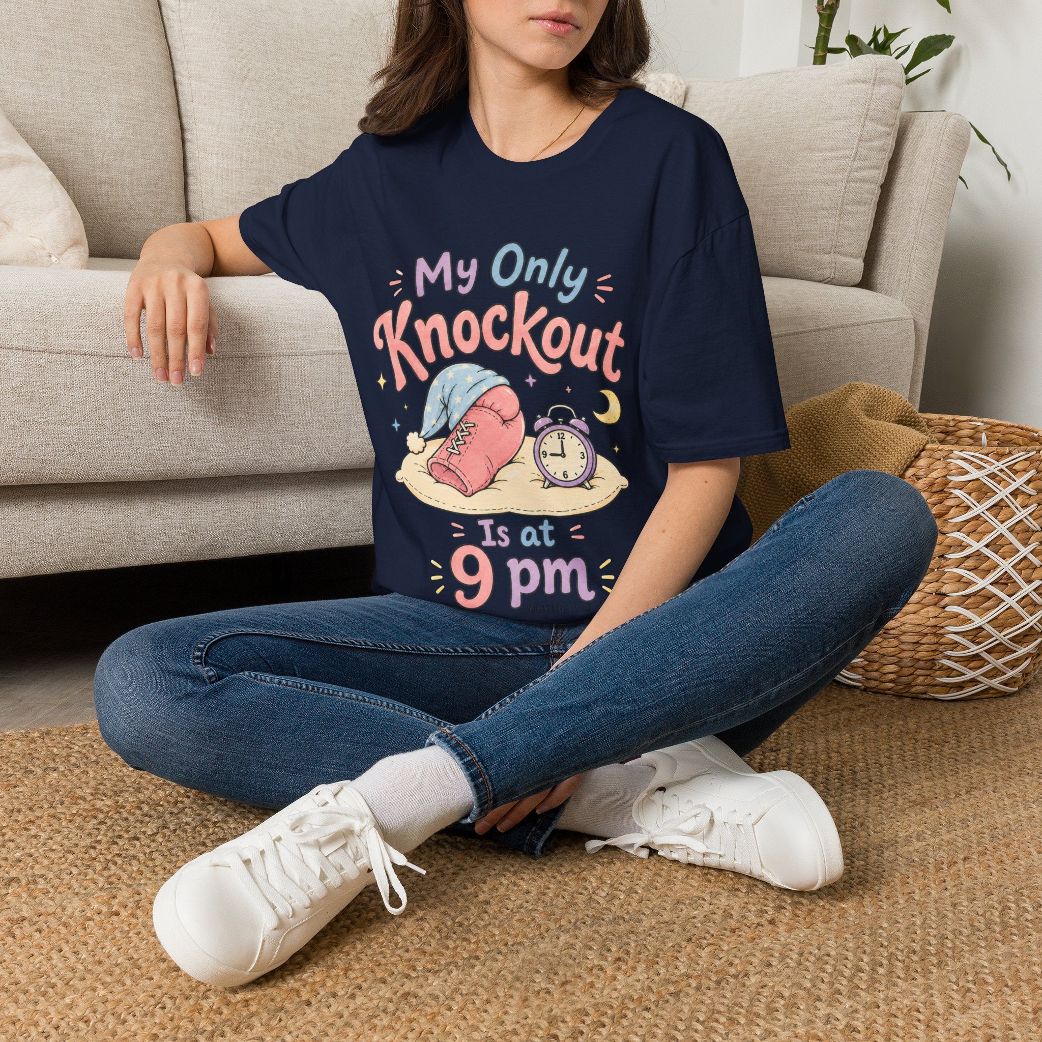 T-Shirt — "My Only Knockout Is at 9 PM" Cute Sleepy Boxing Cartoon Tee