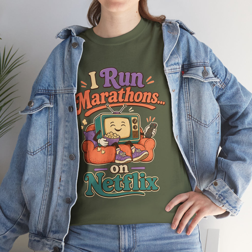 TV Marathon Tee — "I Run Marathons on Netflix" Funny Binge-Watching Shirt