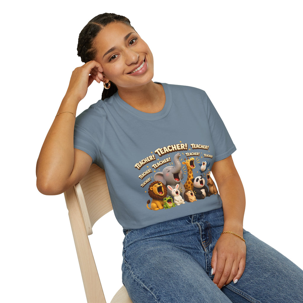 Cute Jungle Animals Saying TEACHER! T-Shirt | Elephant Giraffe Lion Penguin Design