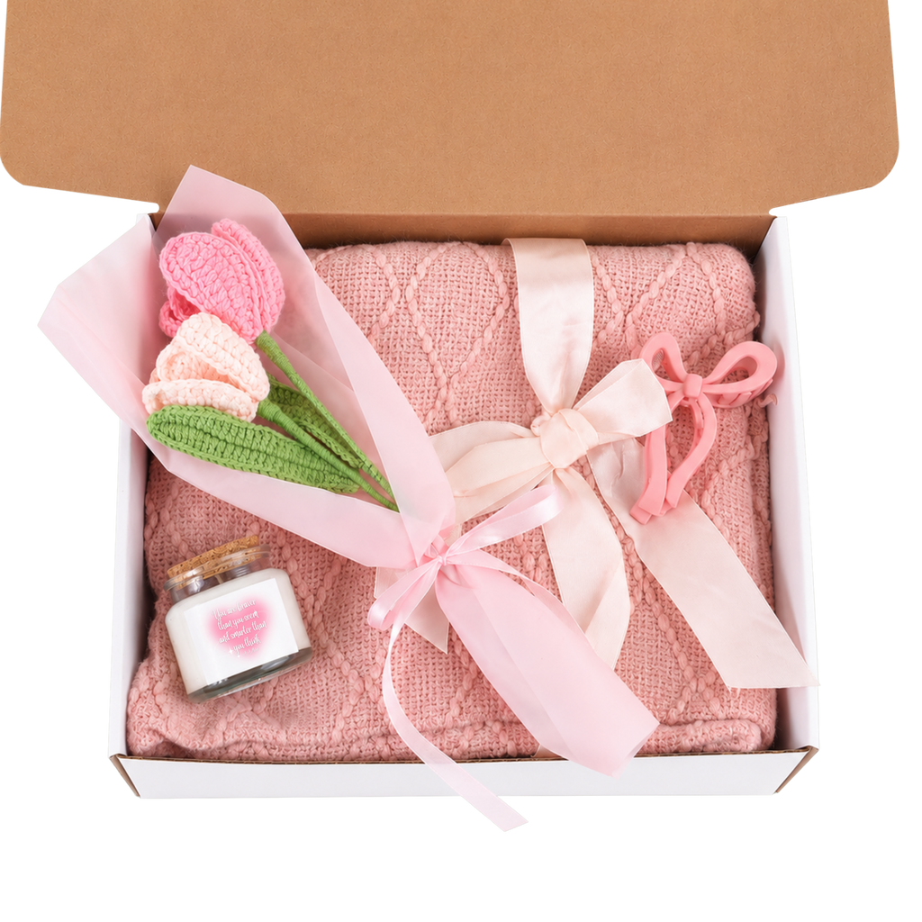 4-Piece Blush & Bloom Gift Set (Candle, Blanket, Crochet Bouquet, Bow Clip)