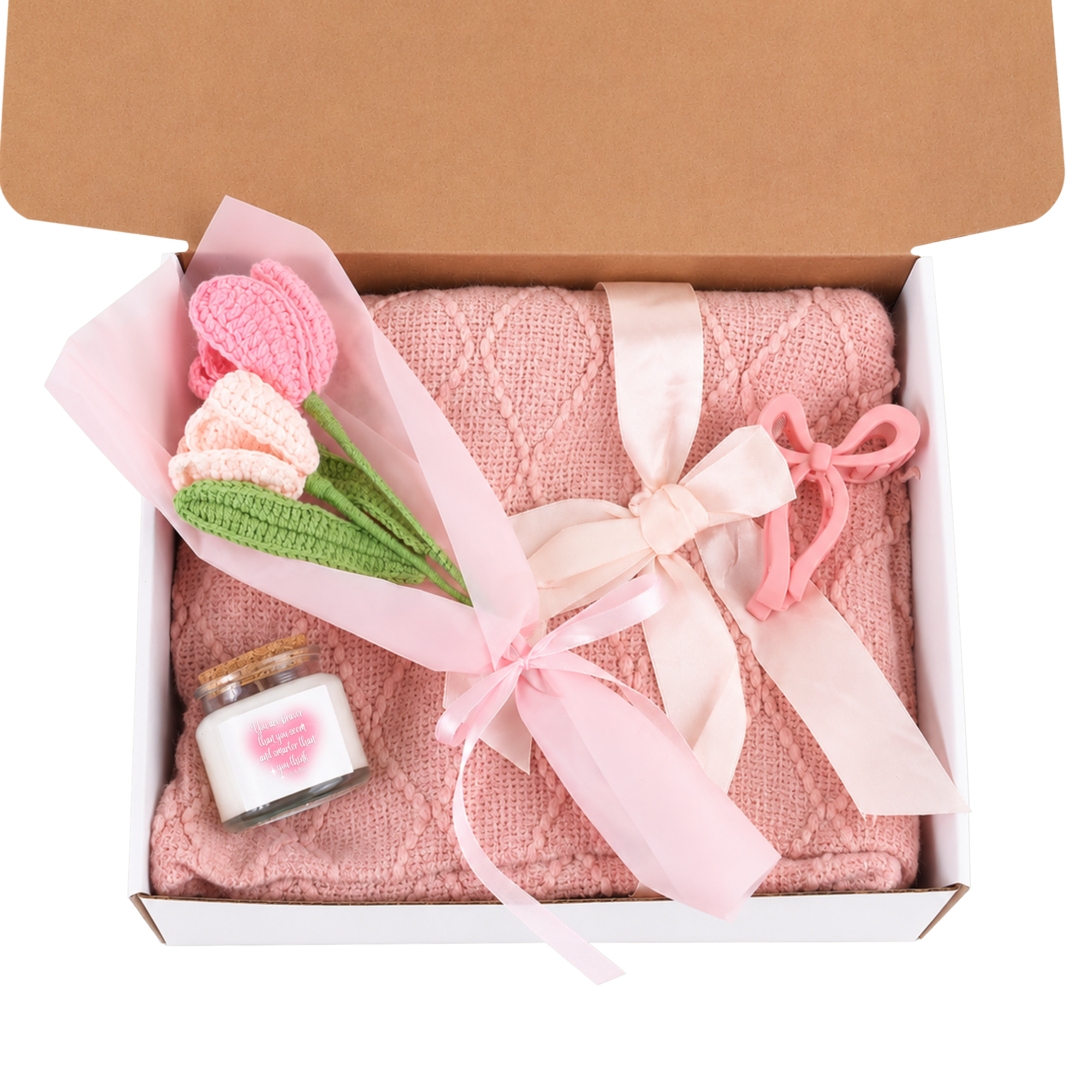 4-Piece Blush & Bloom Gift Set (Candle, Blanket, Crochet Bouquet, Bow Clip)