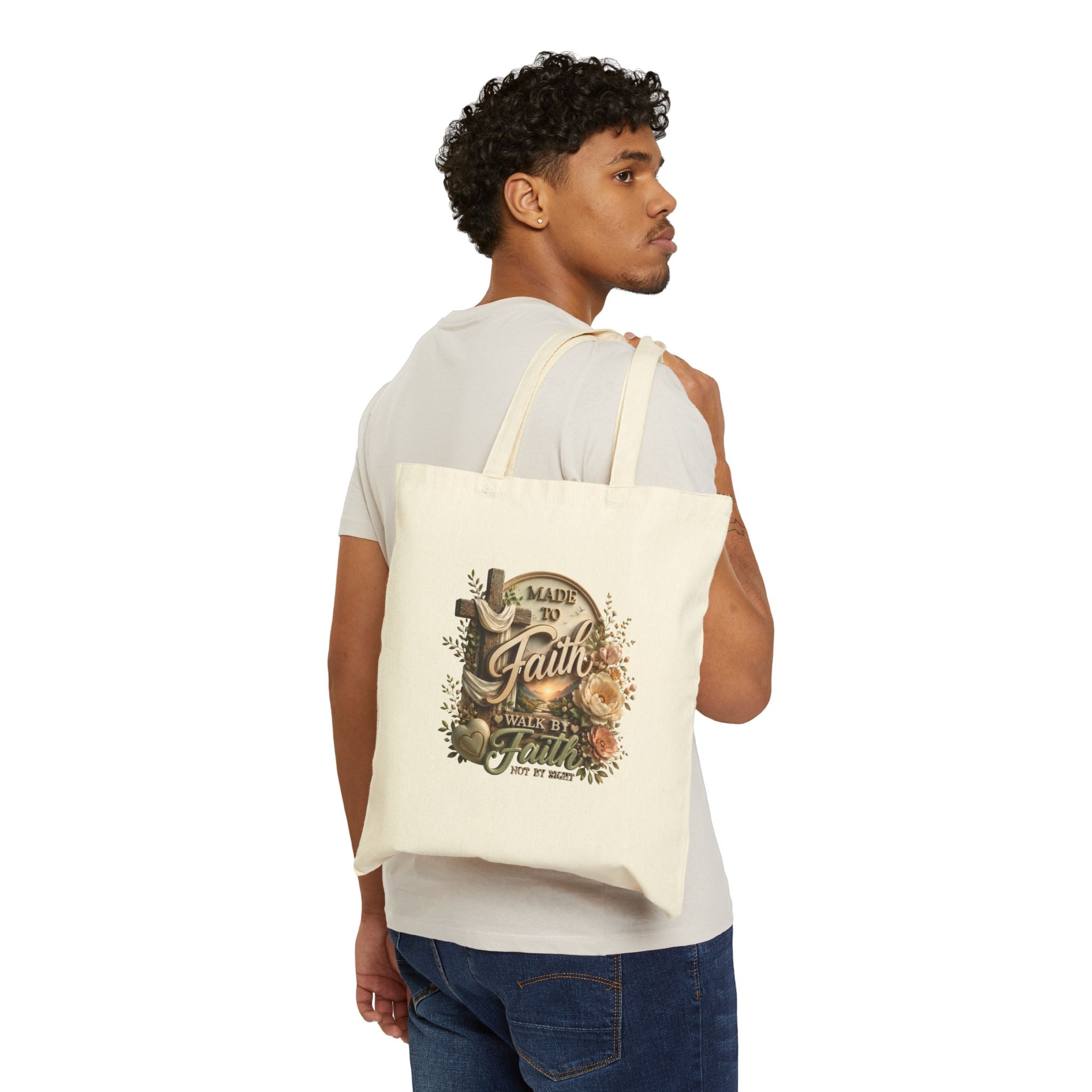 Faith Journey Canvas Tote Bag — "Made to Faith, Walk by Faith" Christian Floral Grocery Bag
