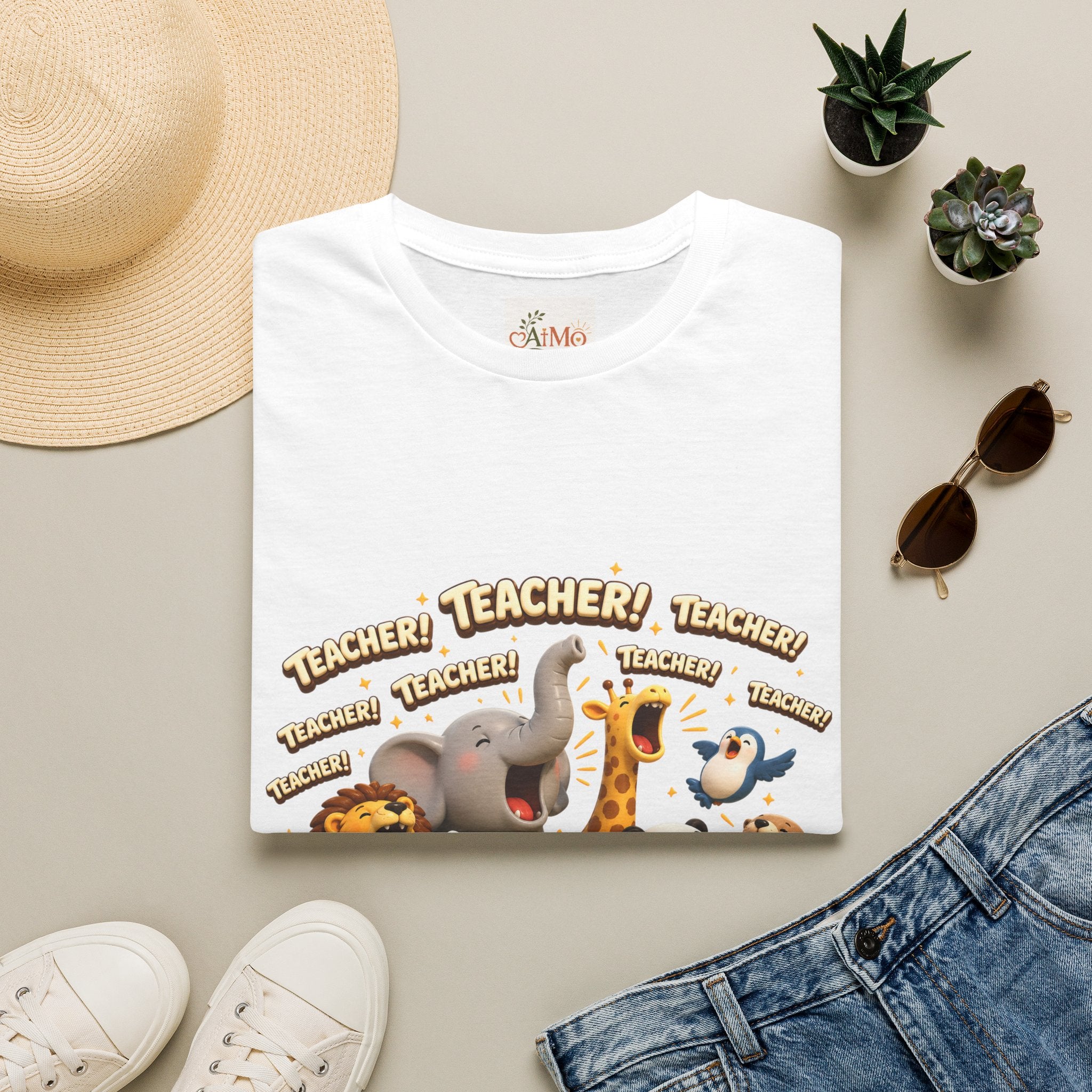Cute Jungle Animals Saying TEACHER! T-Shirt | Elephant Giraffe Lion Penguin Design