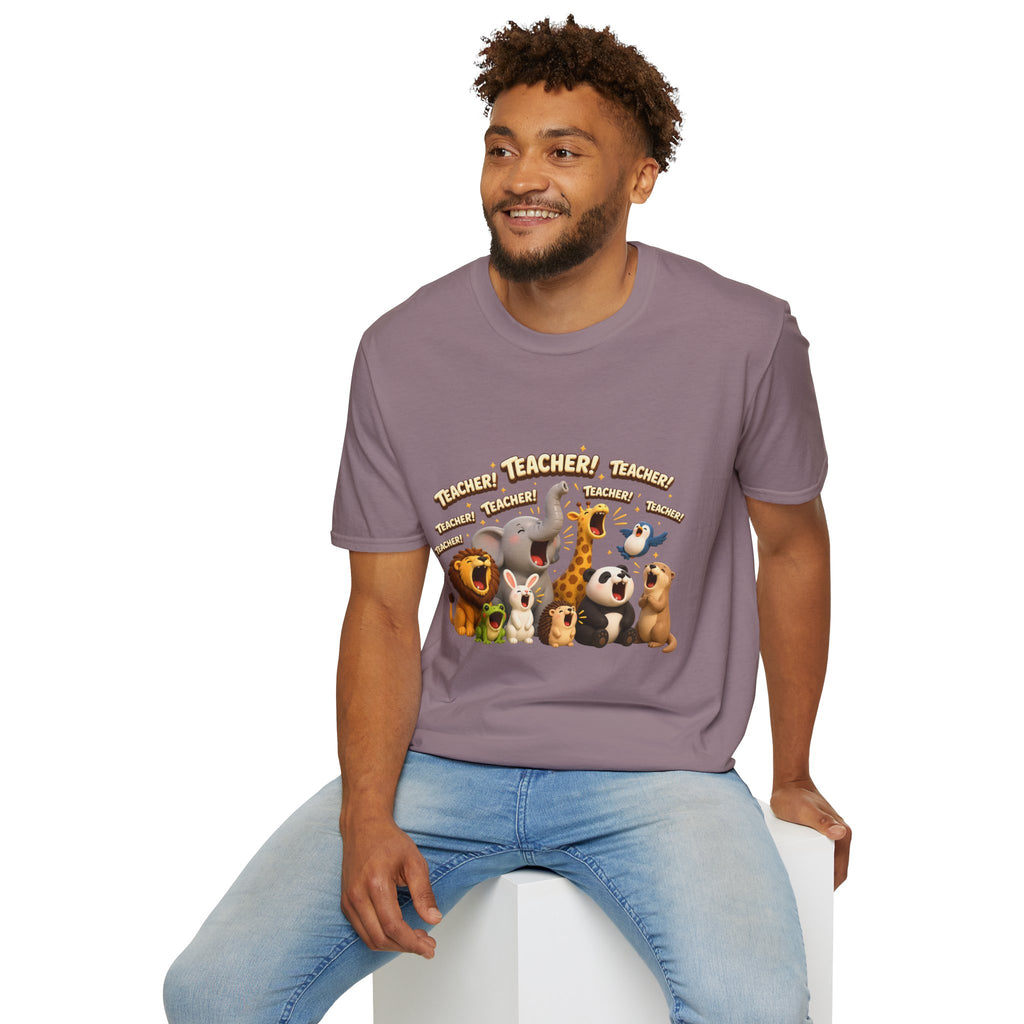 Cute Jungle Animals Saying TEACHER! T-Shirt | Elephant Giraffe Lion Penguin Design